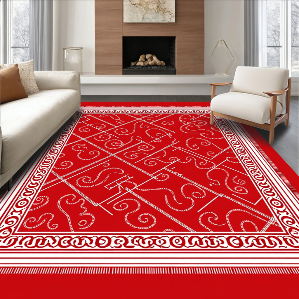Red White Scrollwork Border Rug