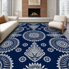 Navy White Ornate Floral Medallion Rug