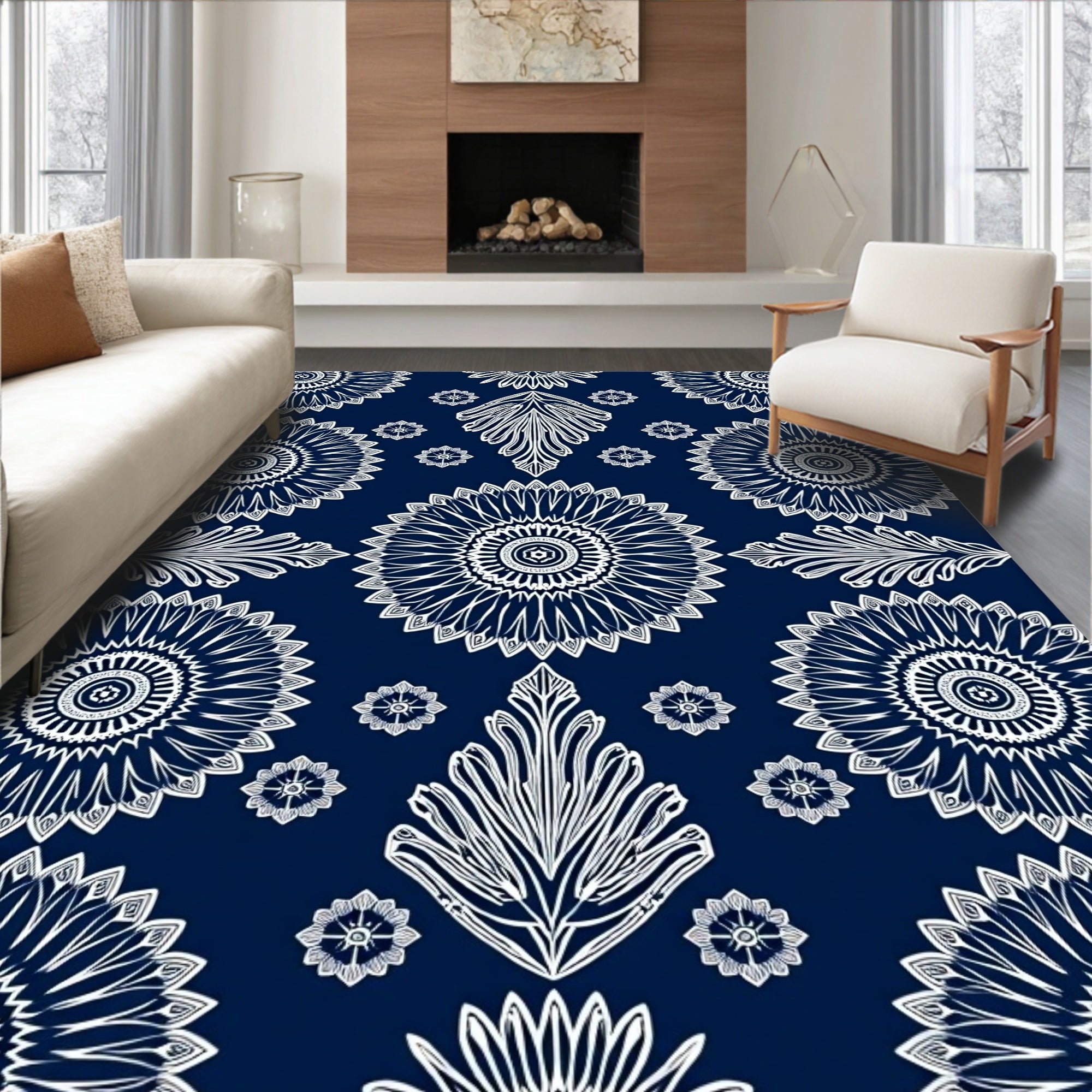 Navy White Ornate Floral Medallion Rug
