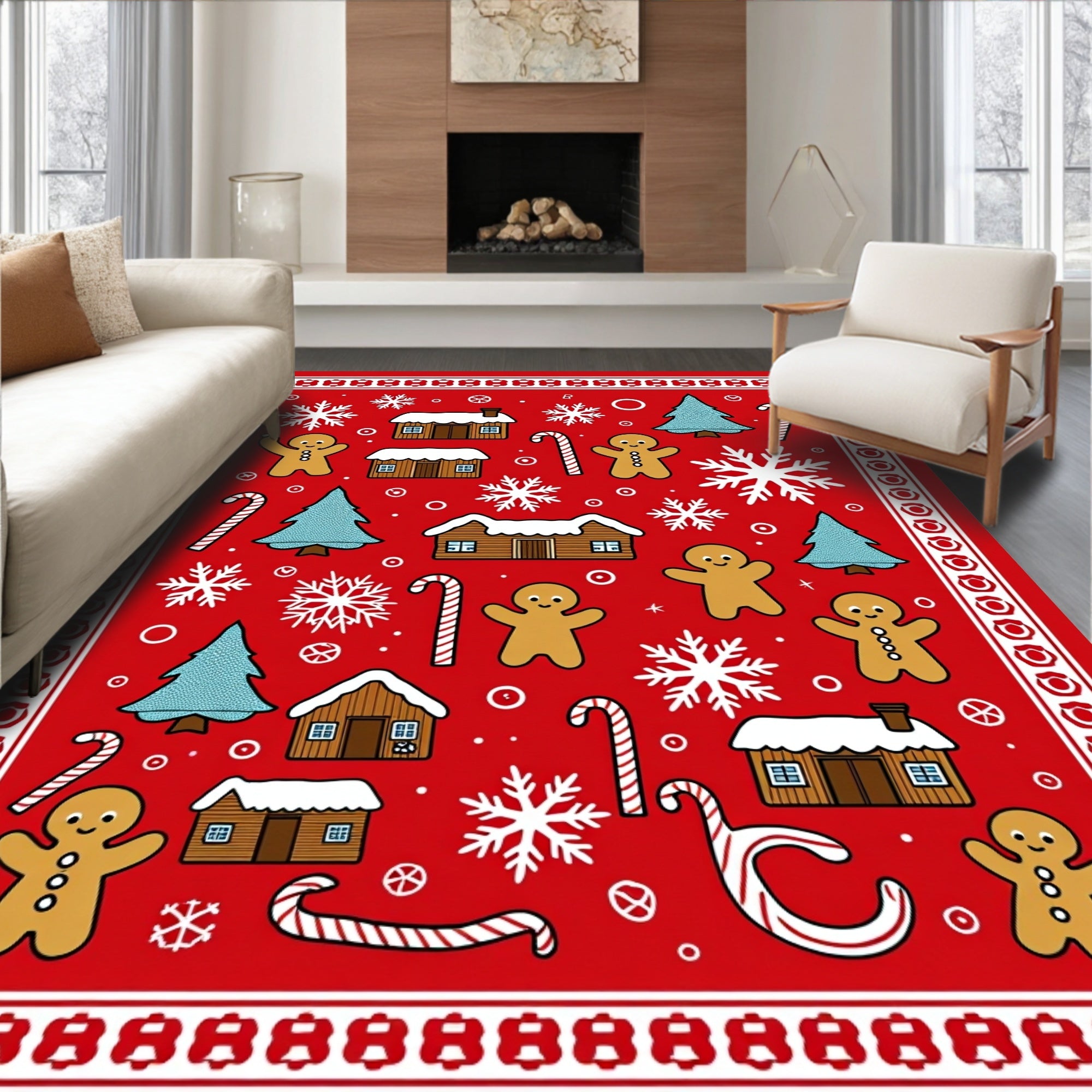 Red Gingerbread Village Snowflakes Candy Canes Rug