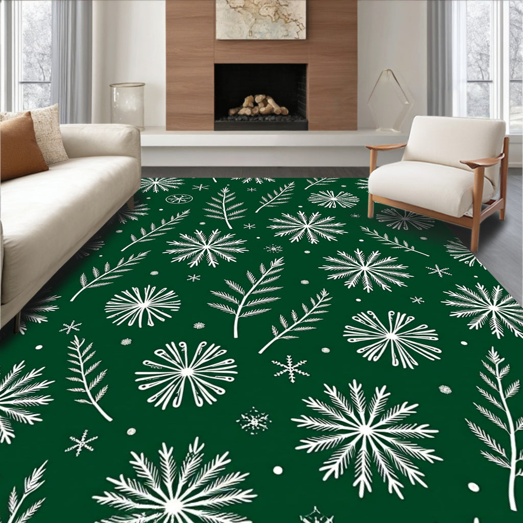 White Snowflakes and Pine Branches Rug