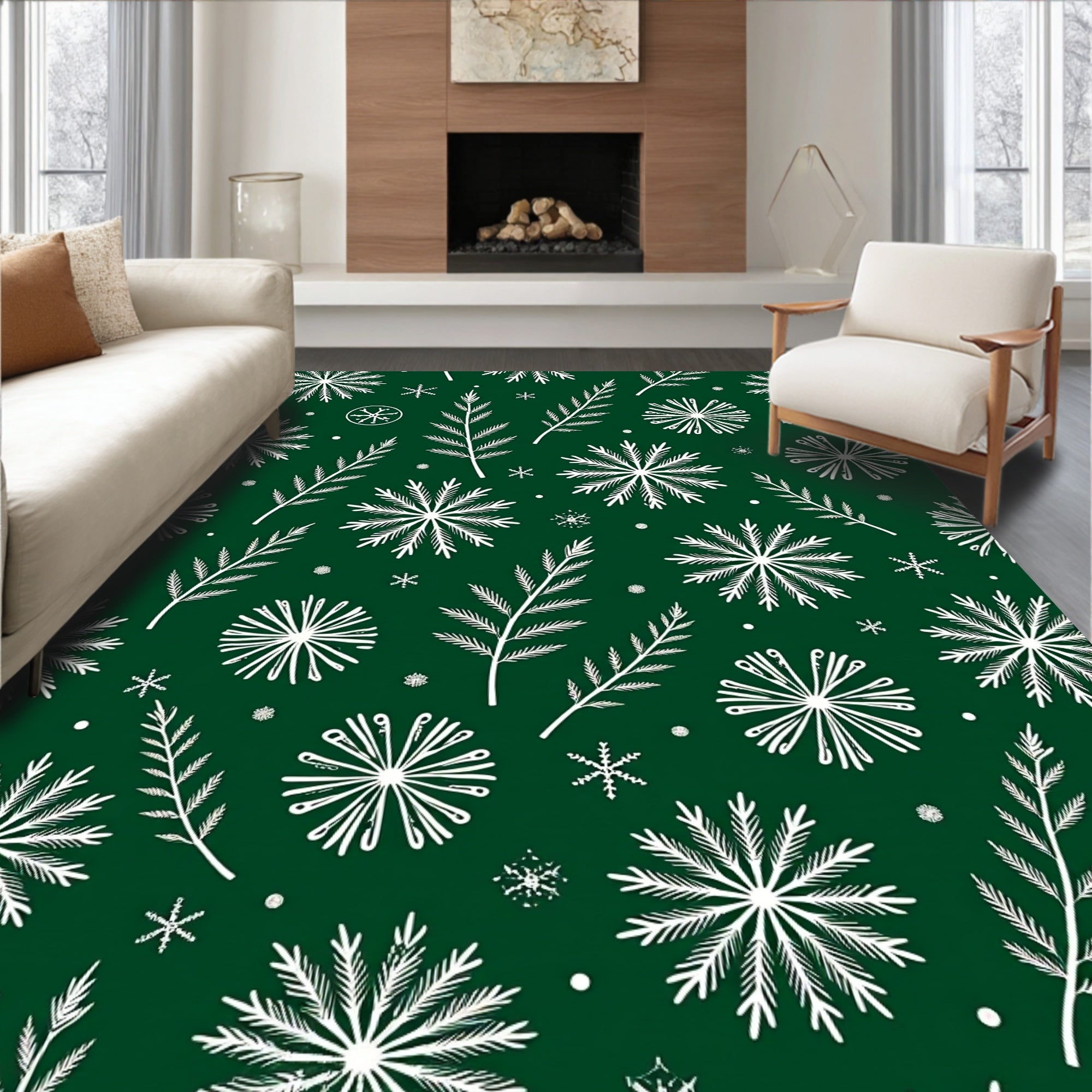 White Snowflakes and Pine Branches Rug
