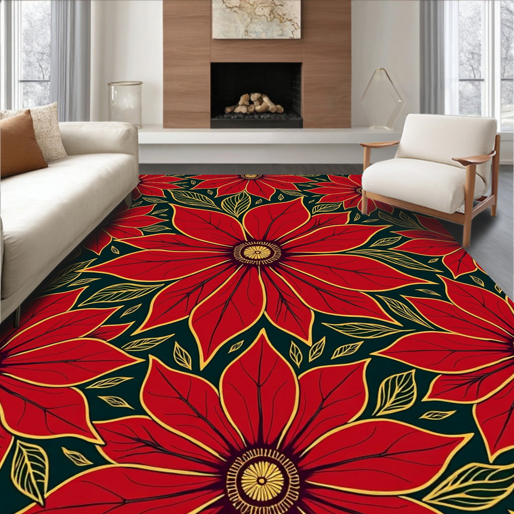 Bold Red Floral Outline Background Rug