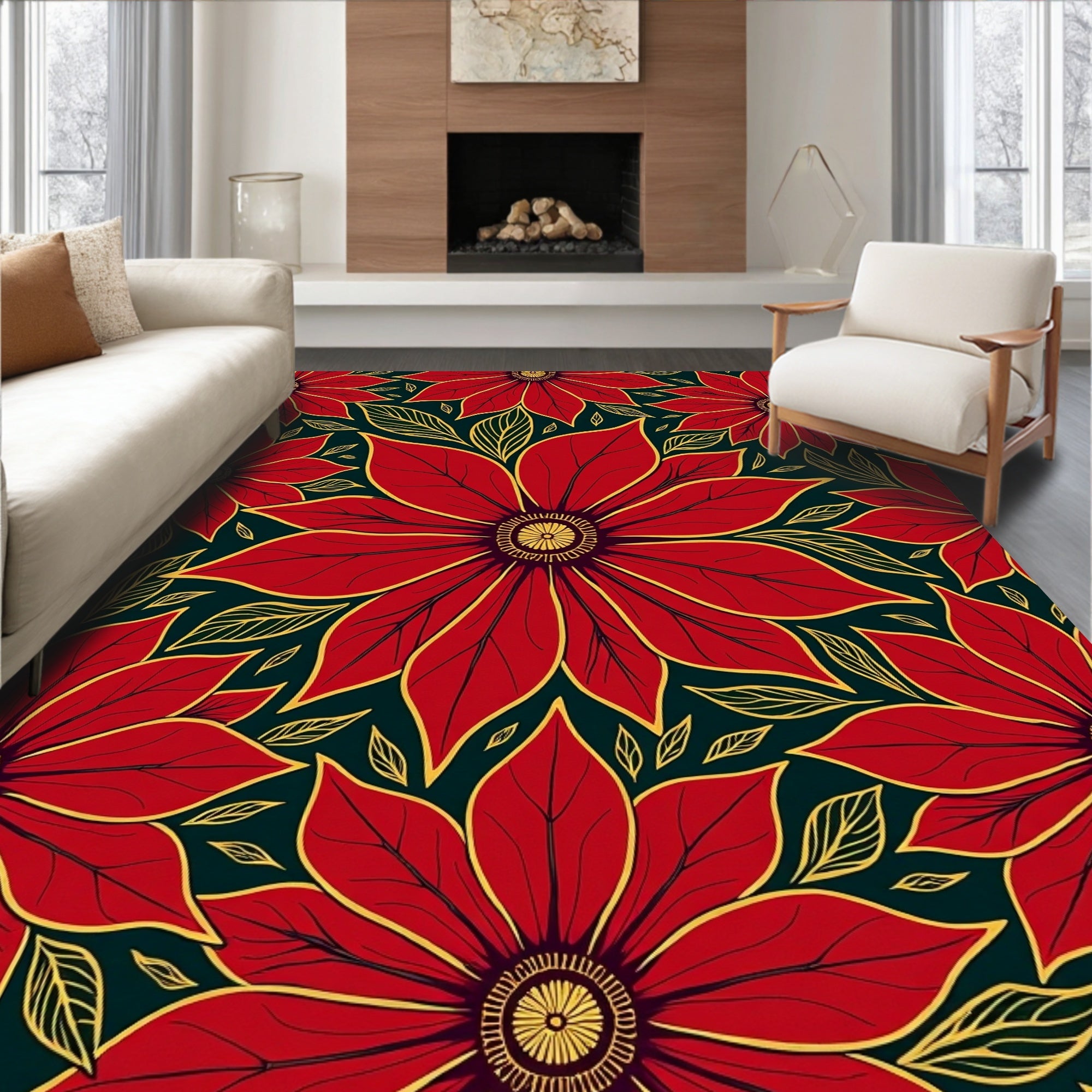 Bold Red Floral Outline Background Rug