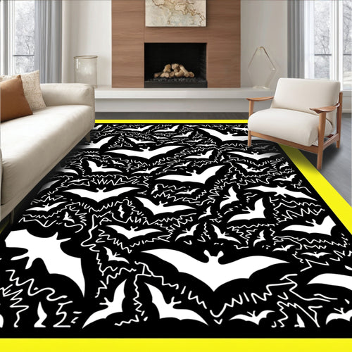 Black White Flying Bats Swarm Rug