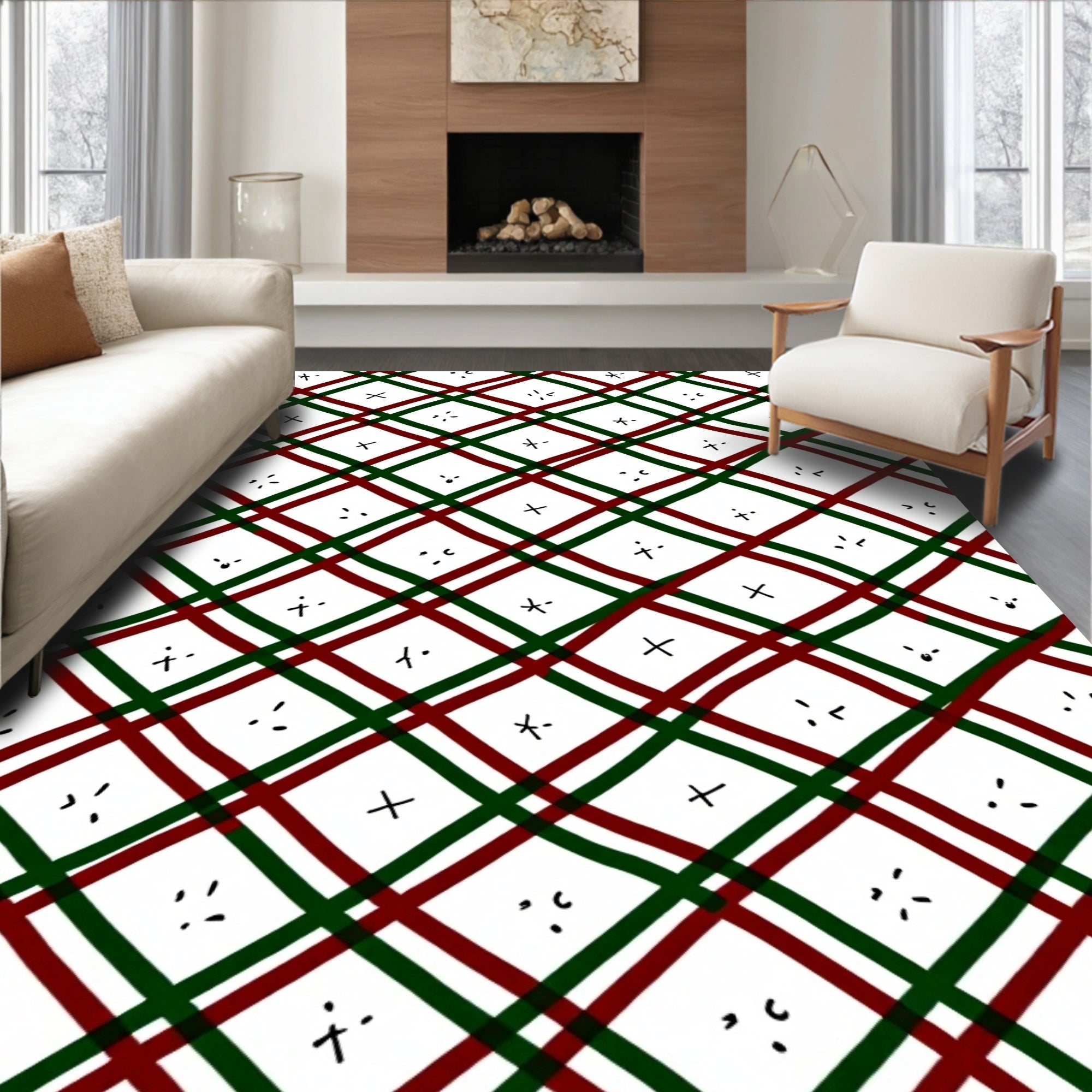 Crimson Green Diagonal Crossing Shapes Rug