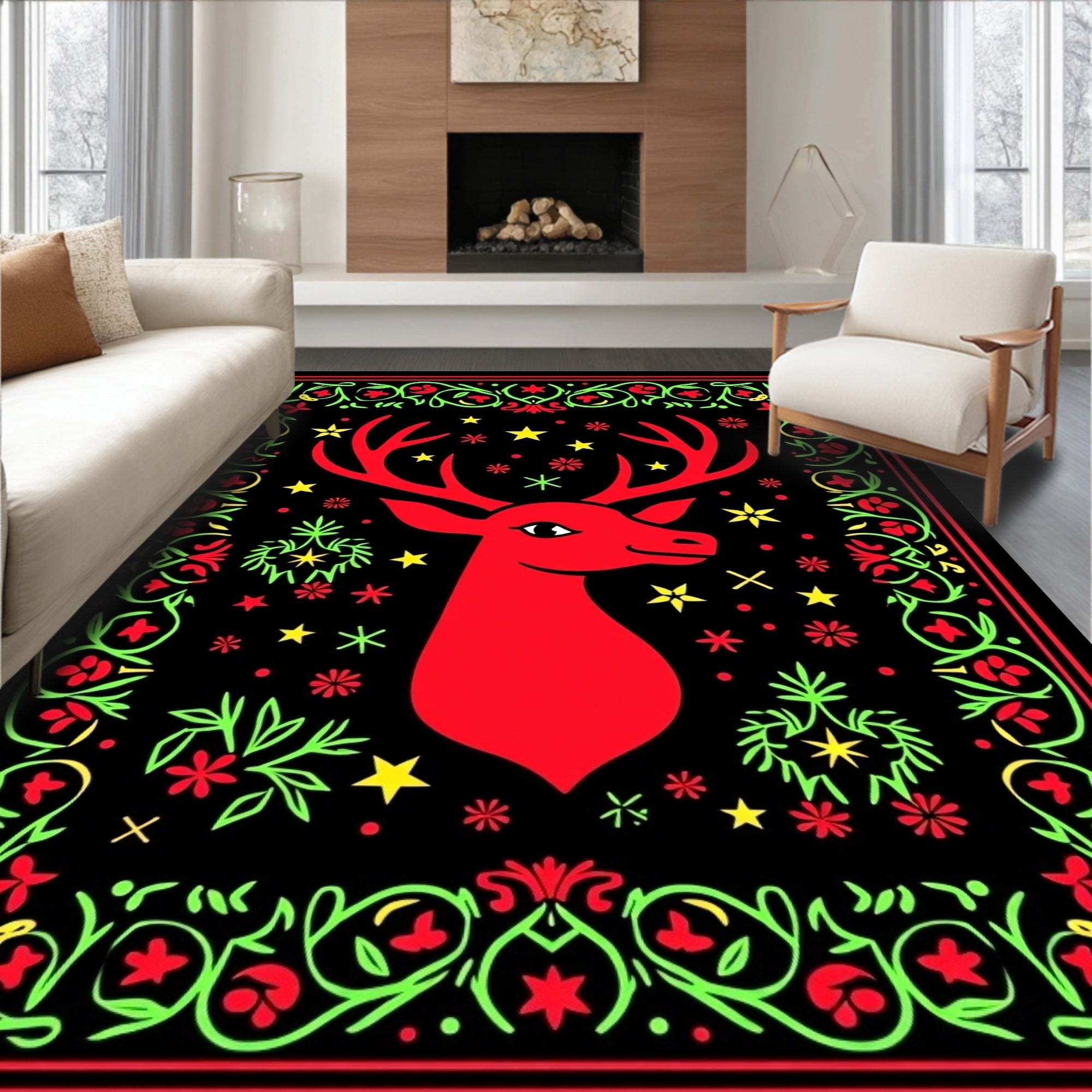 Red Deer And Star Floral Border Rug