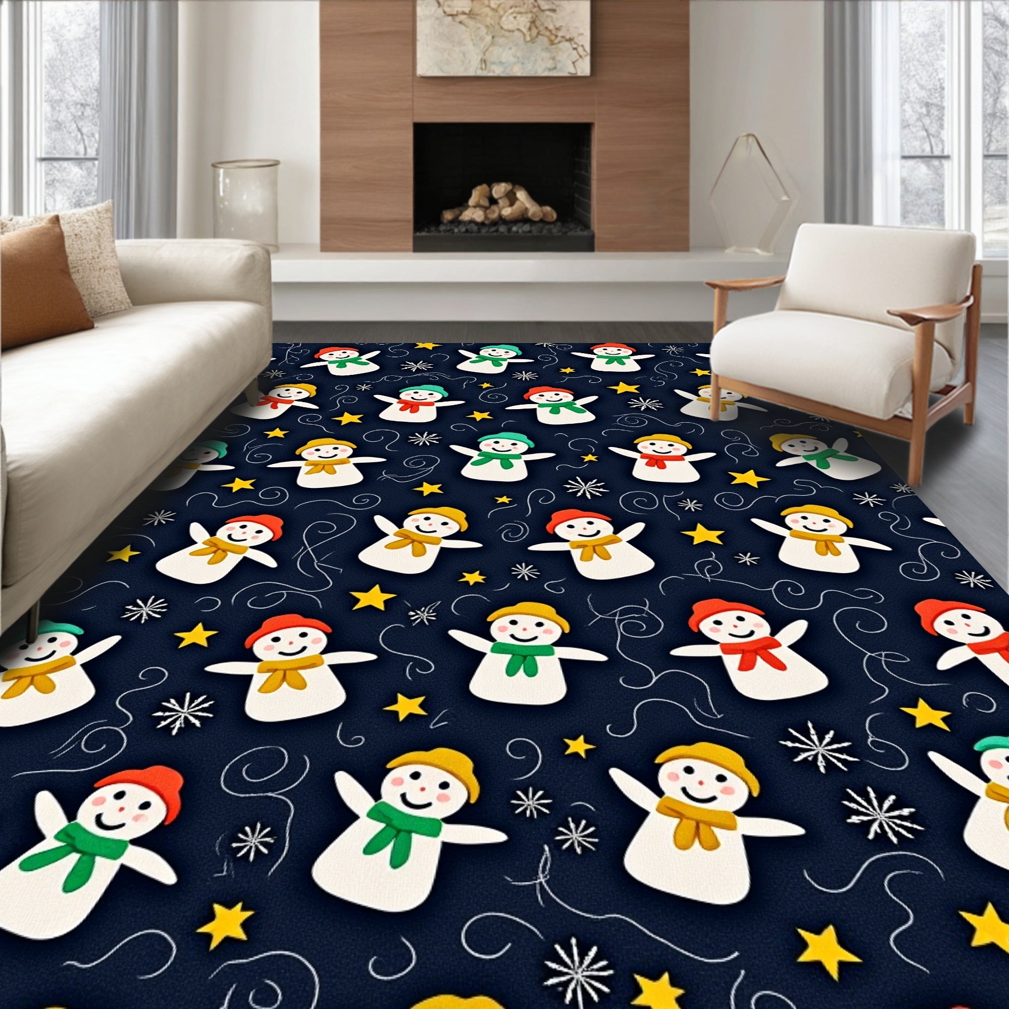 Cute Snowman Winter Stars Background Rug