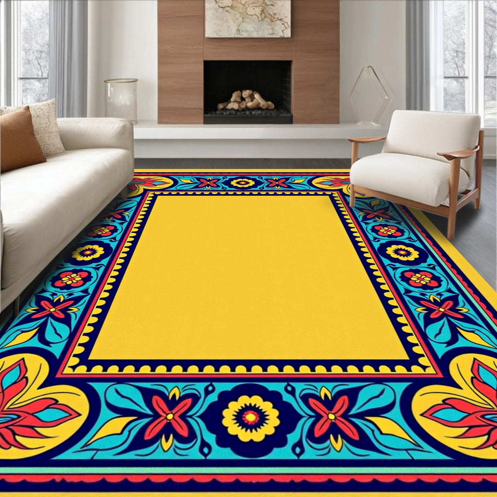Vibrant Yellow Floral Border Rug