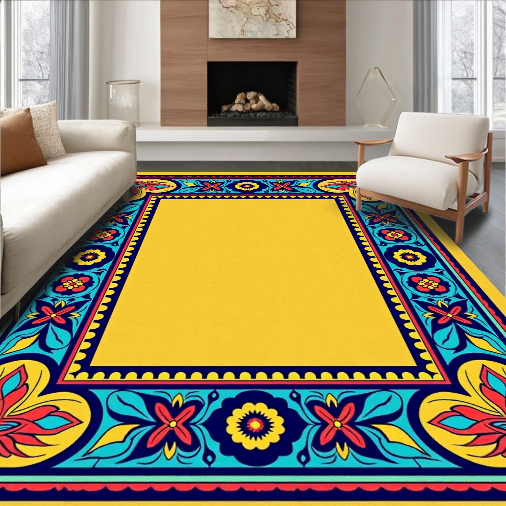 Vibrant Yellow Floral Border Rug