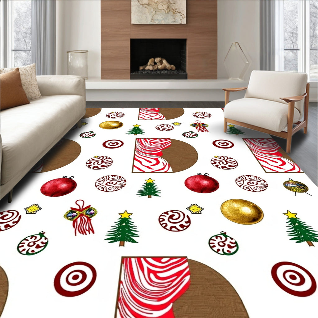 Red White Christmas Ornament Tree Collection Rug