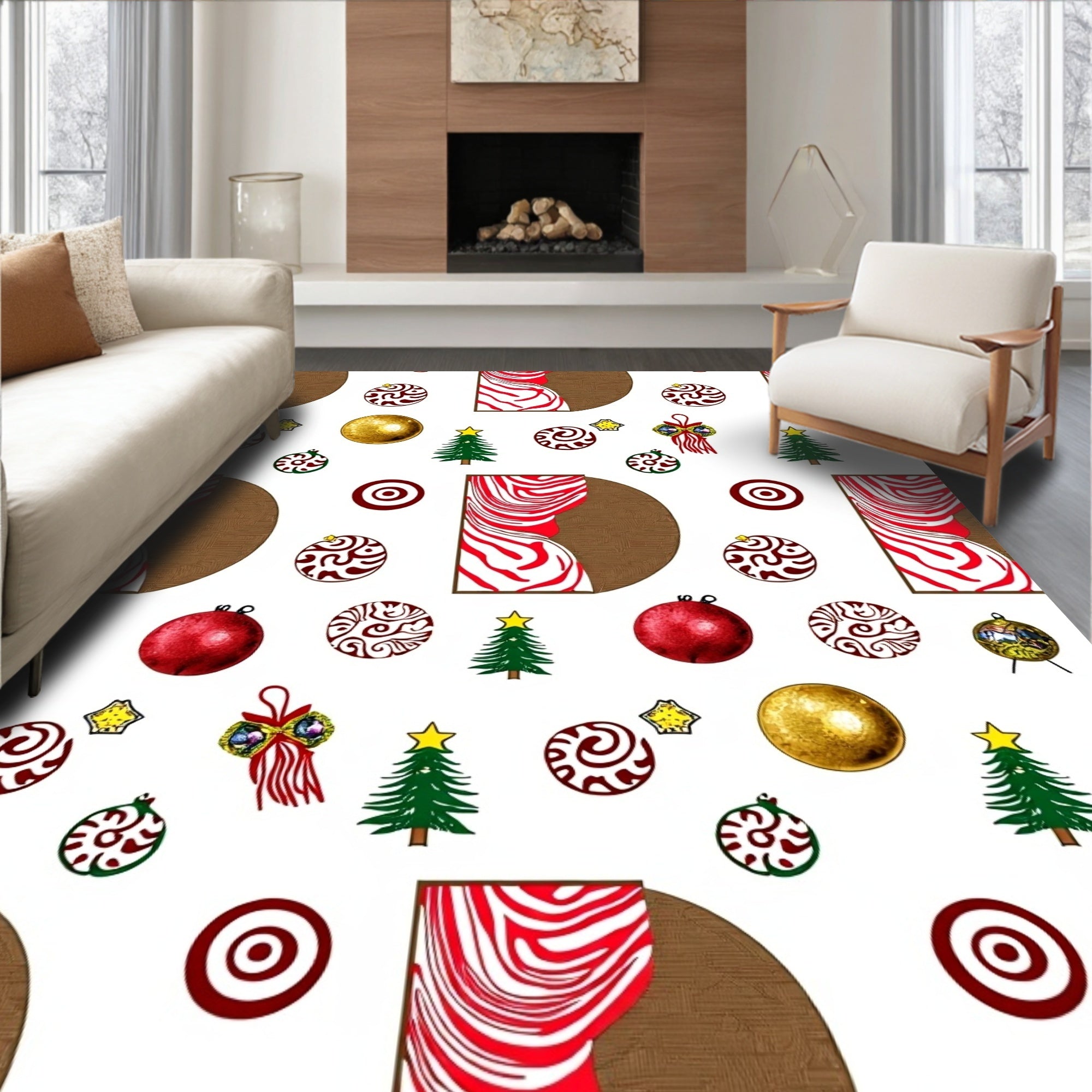 Red White Christmas Ornament Tree Collection Rug