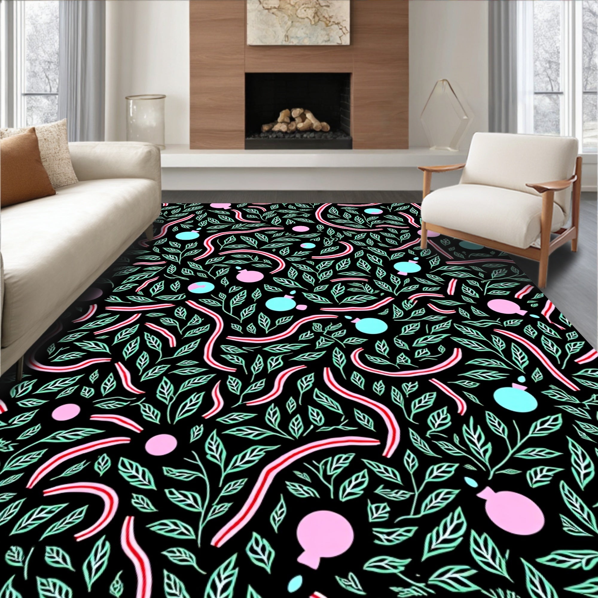 Whimsical Pink Aqua Foliage Ribbon Rug