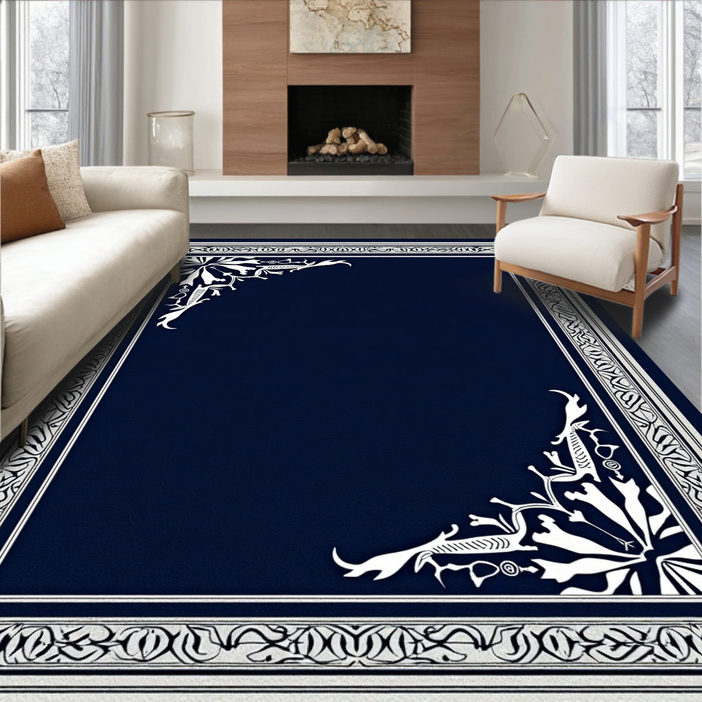 Deep Blue White Celtic Knot Border Rug