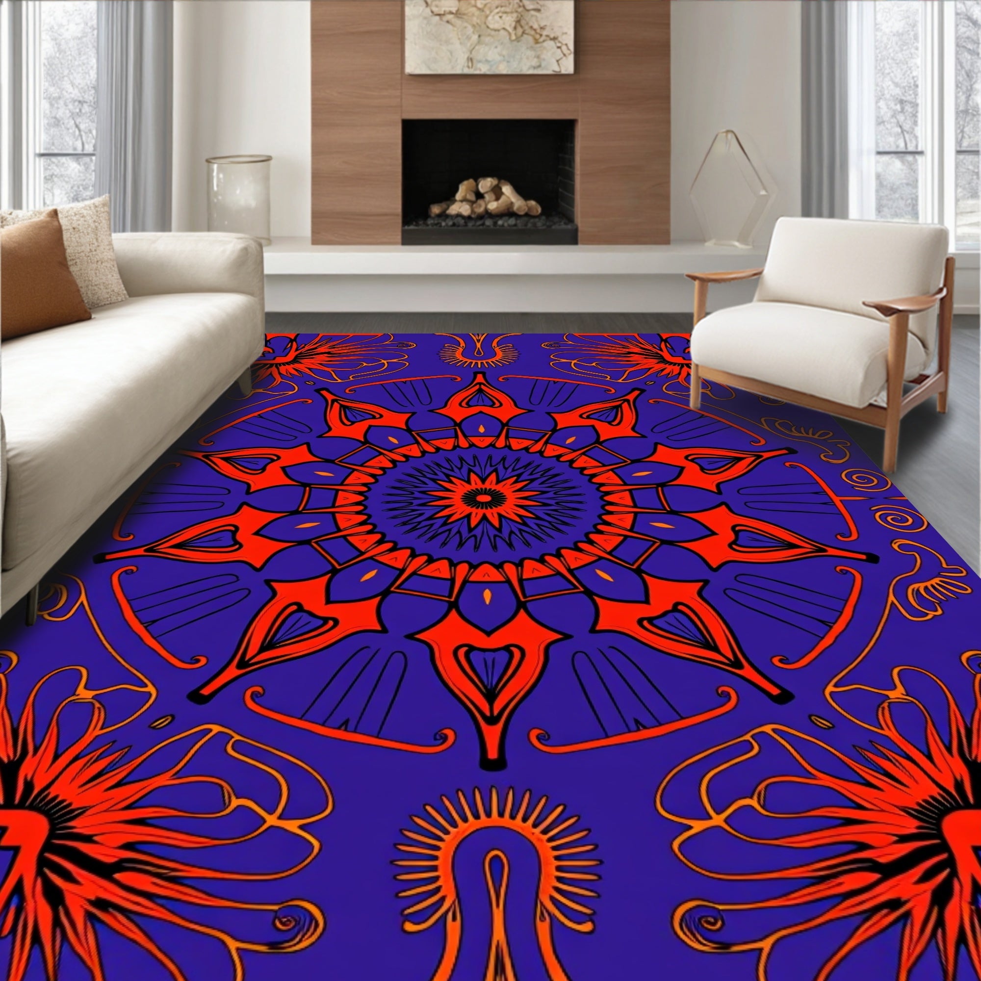 Vibrant Orange Sunburst Medallion Rug