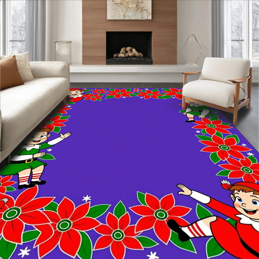 Christmas Elves Red Poinsettia Border Rug
