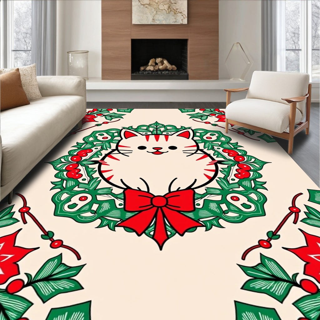 Festive Cat Wreath Red Green Accents Rug