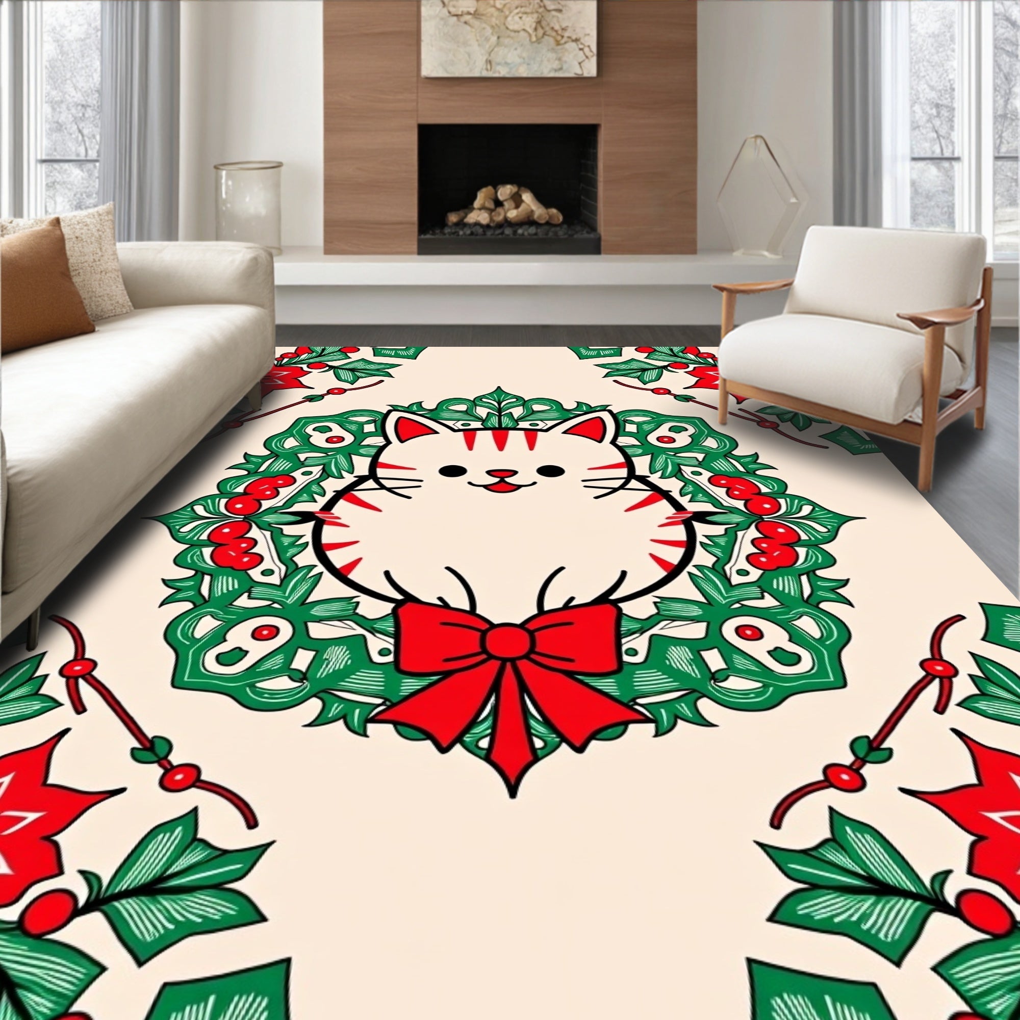 Festive Cat Wreath Red Green Accents Rug