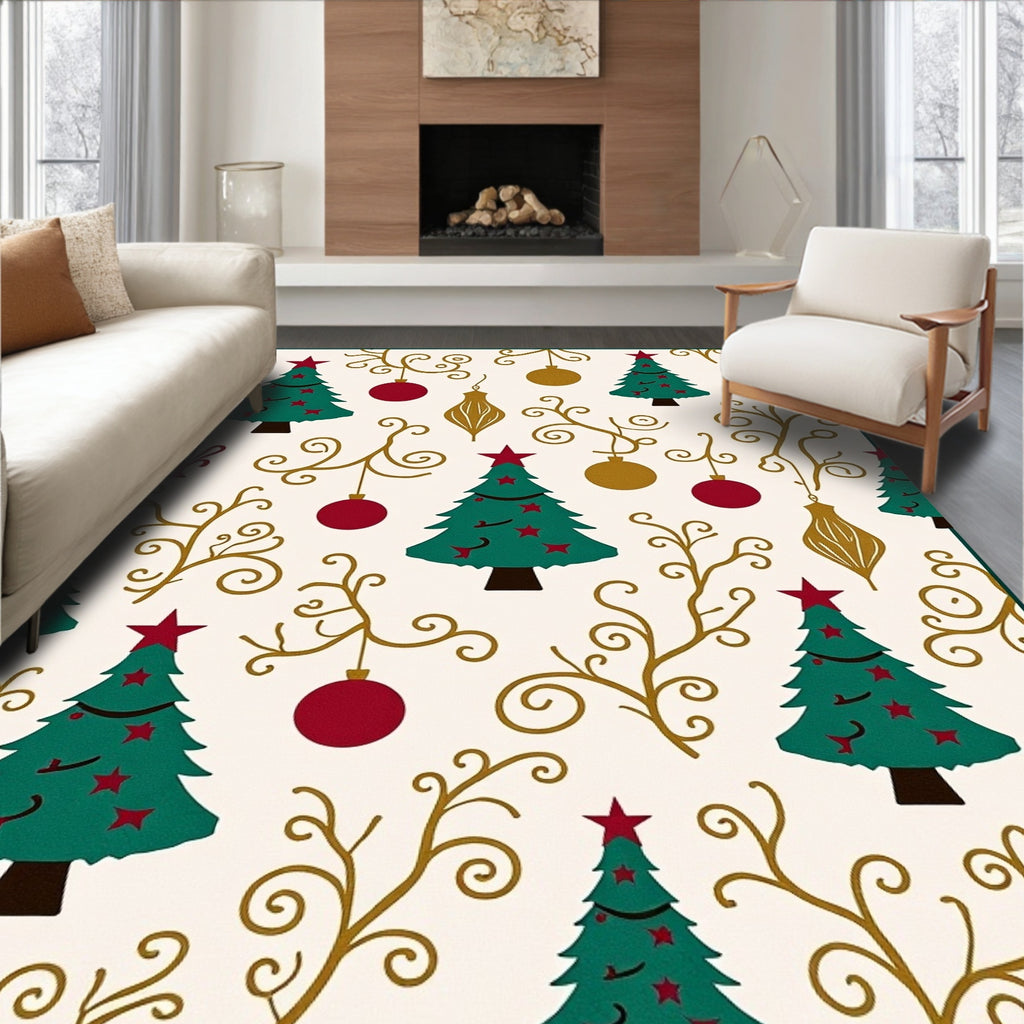Festive Green Christmas Tree Ornaments Rug