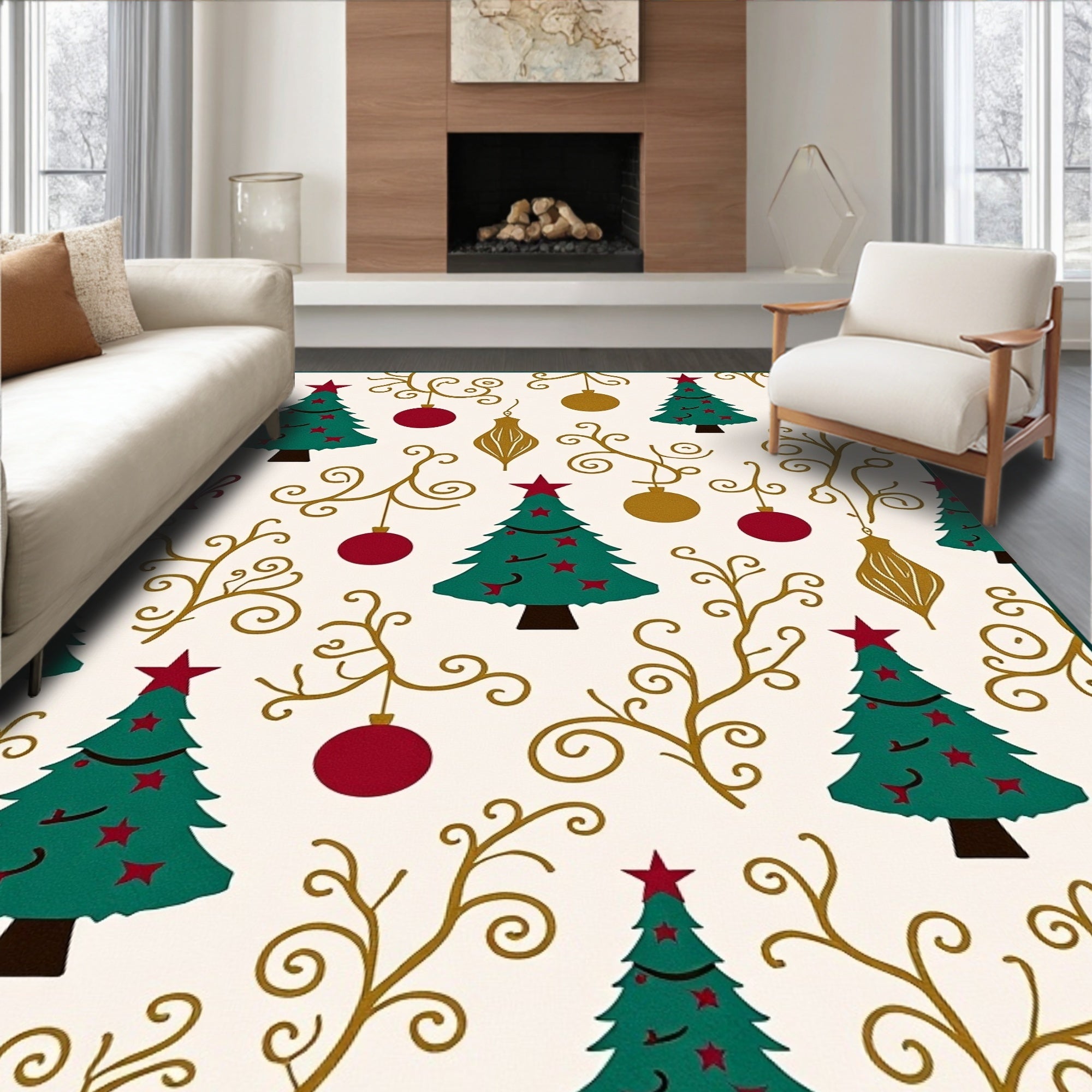 Festive Green Christmas Tree Ornaments Rug