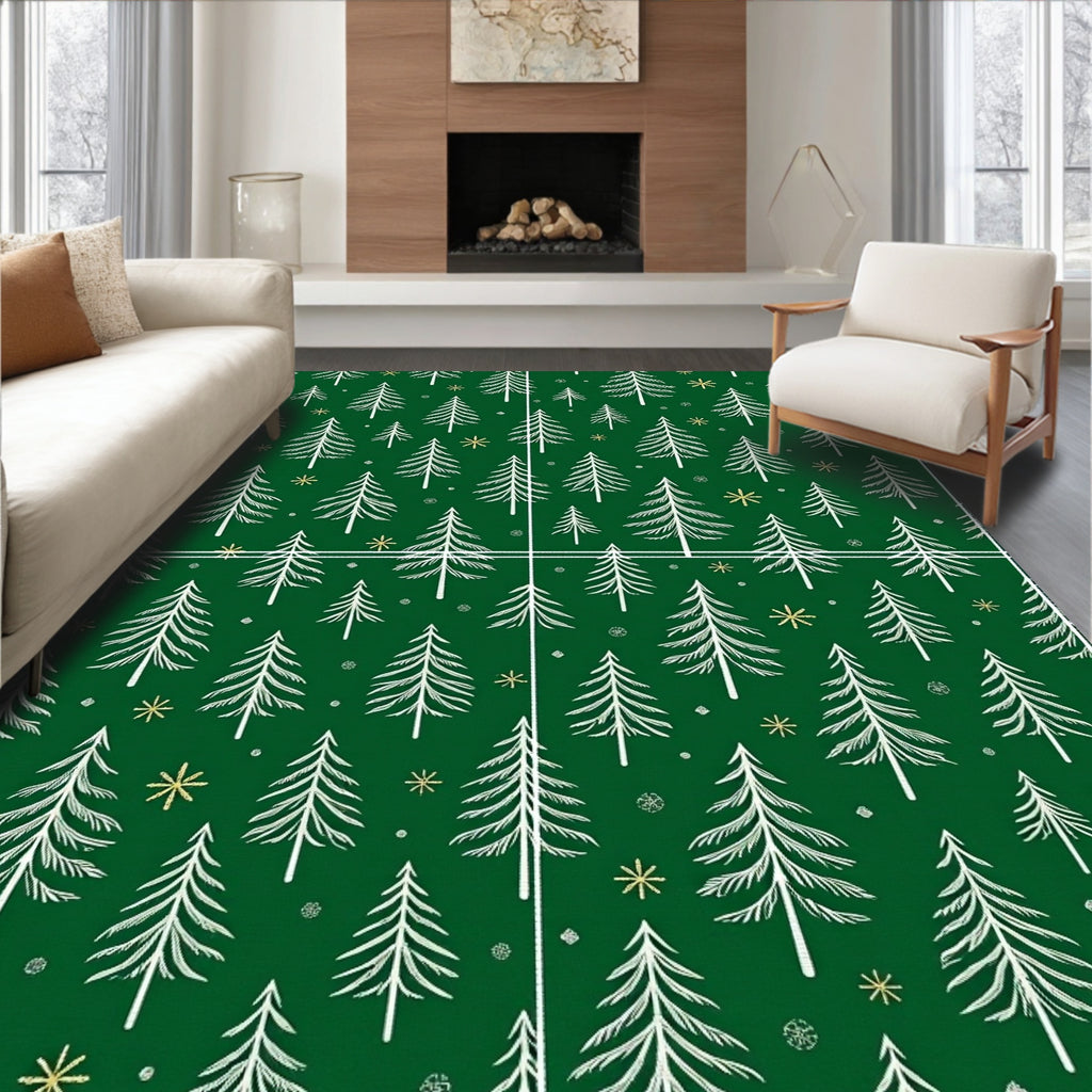 Forest Green Pine Tree Snowflakes Rug