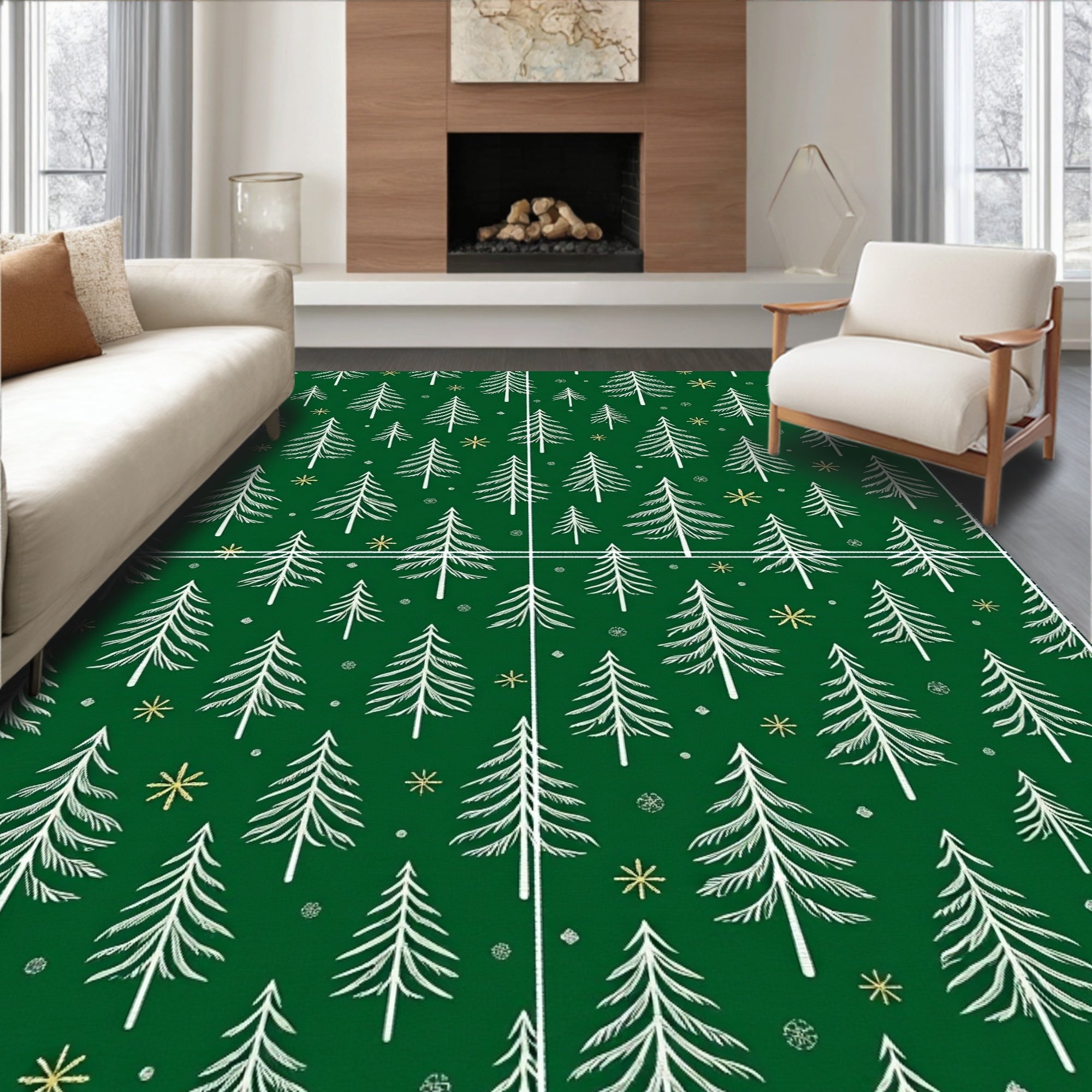 Forest Green Pine Tree Snowflakes Rug
