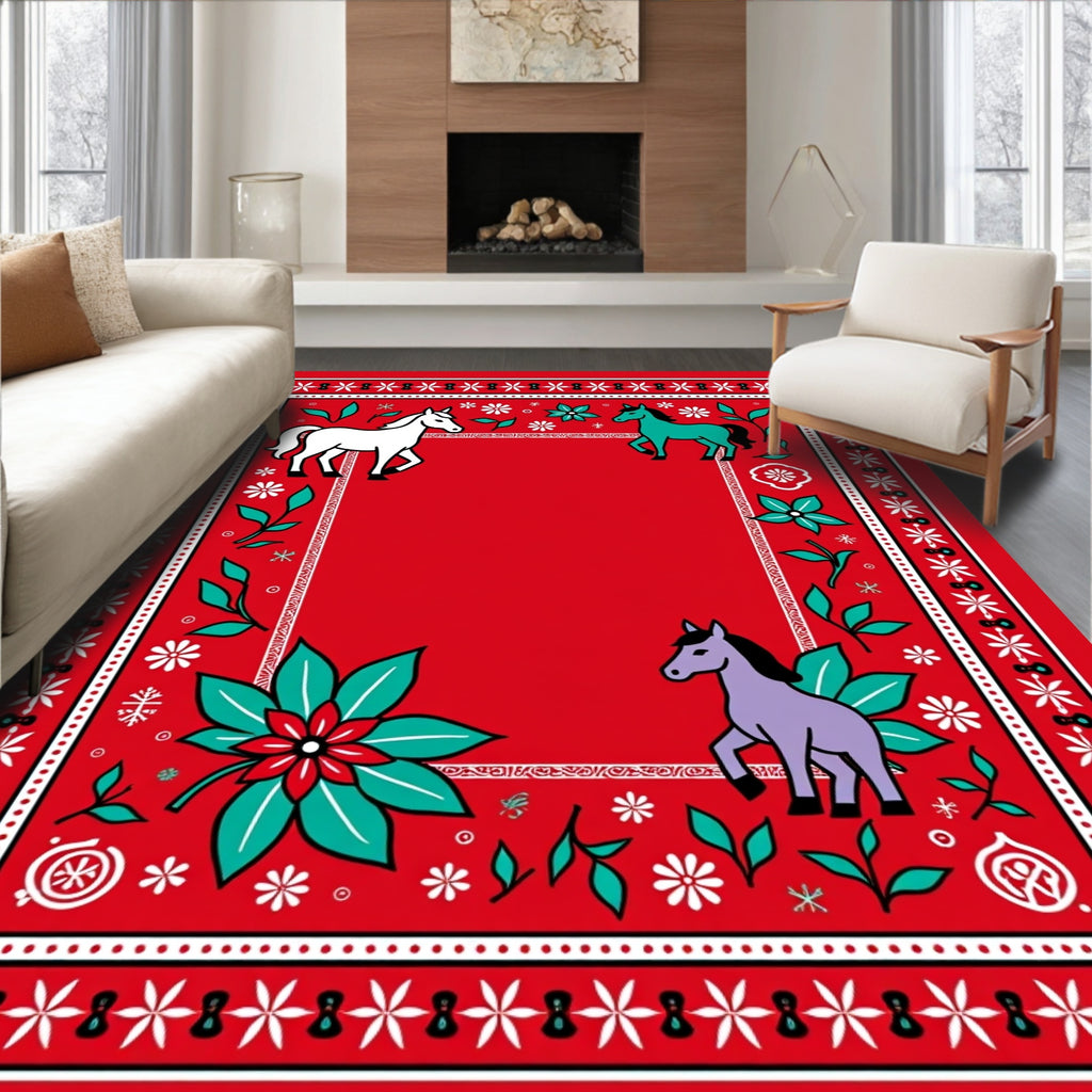 Vibrant Red Horse Floral Border Rug
