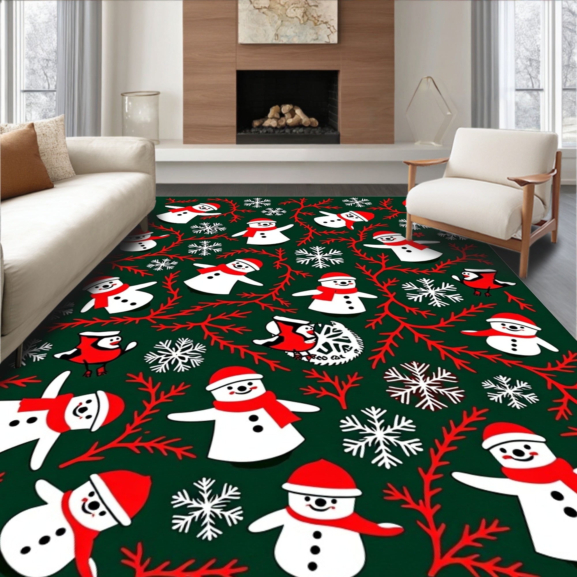Festive Snowman Red Snowflake Garland Rug