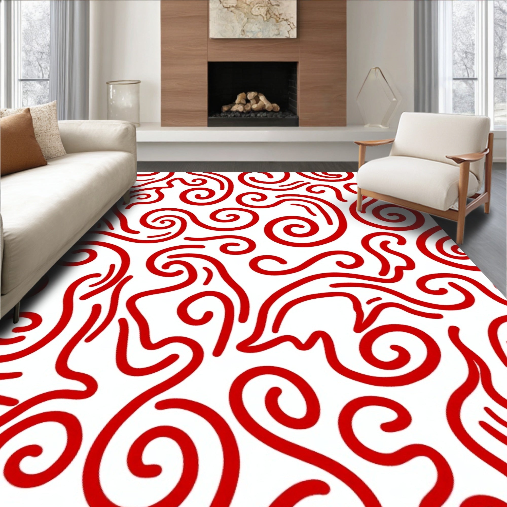 Bold Red Swirling Line Art Rug