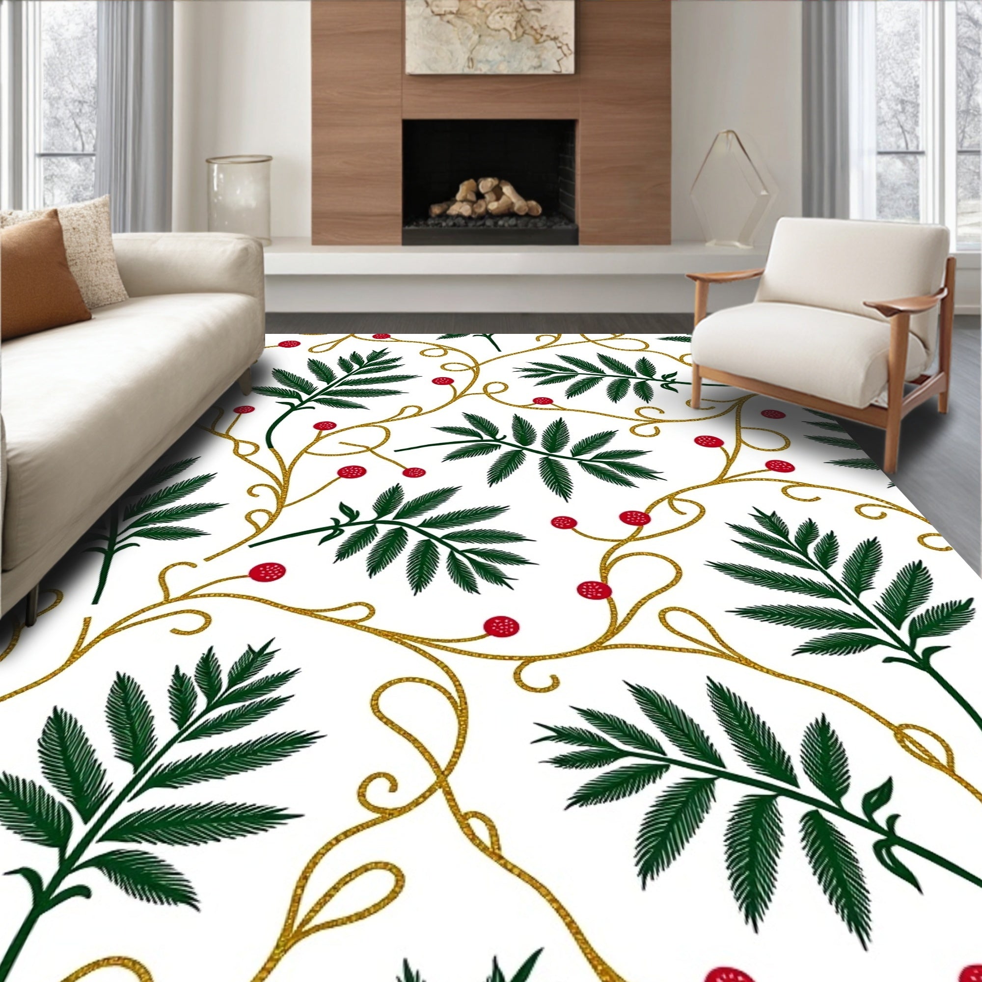 Verdant Leaf Red Berry Vine Rug