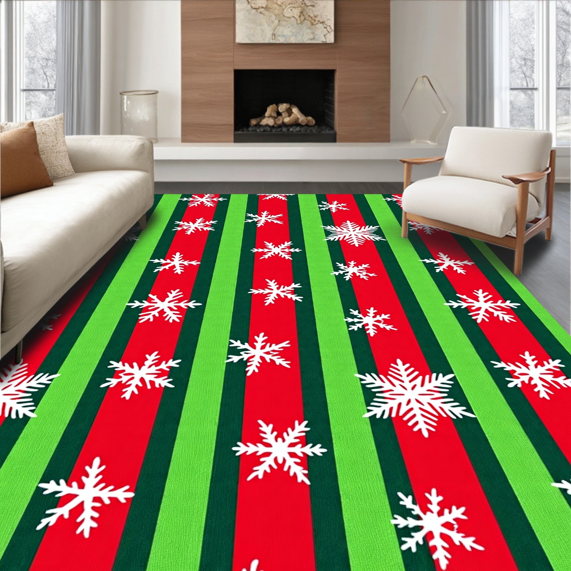 Christmas Red Green Snowflake Stripes Rug