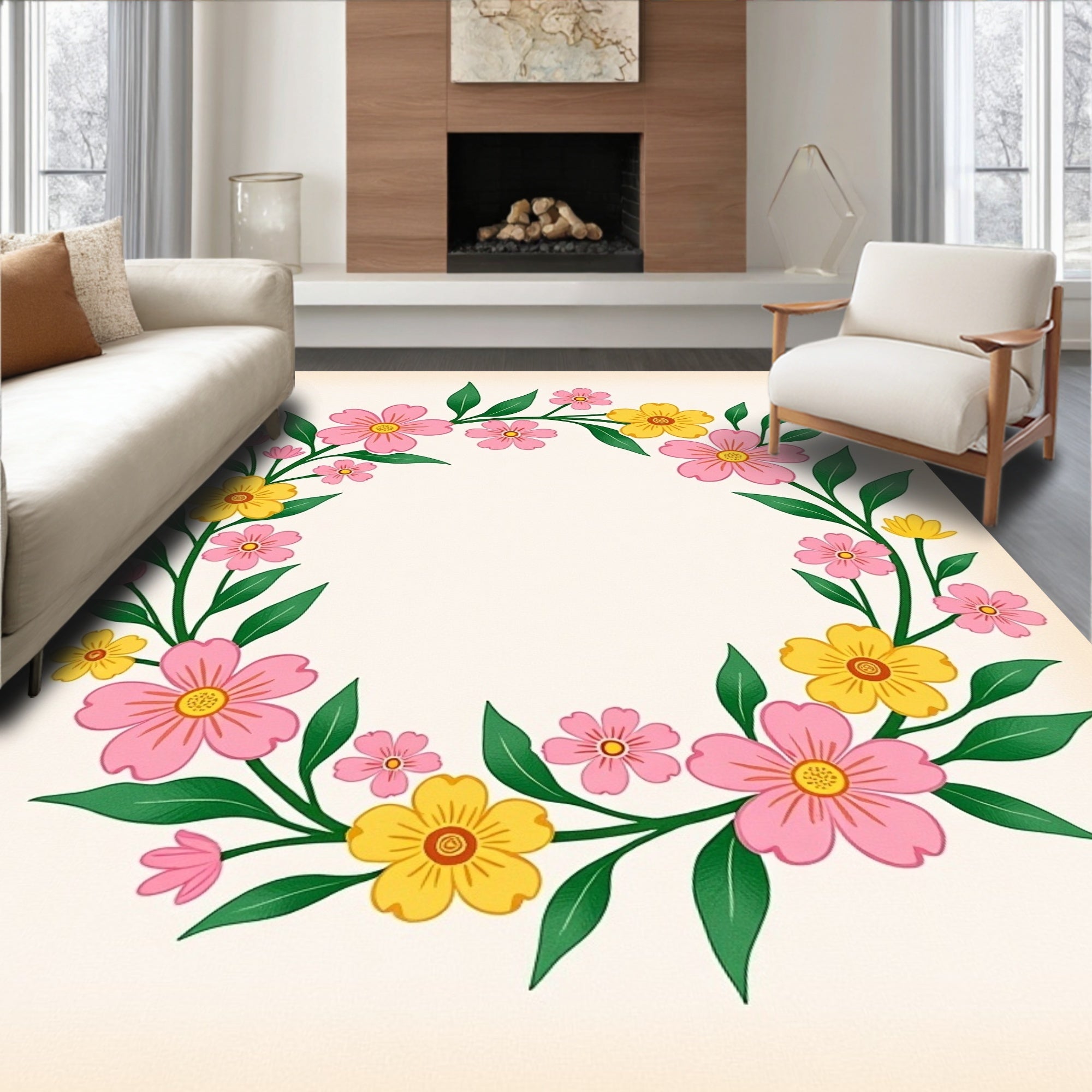 Pink Yellow Floral Garland Bright Rug