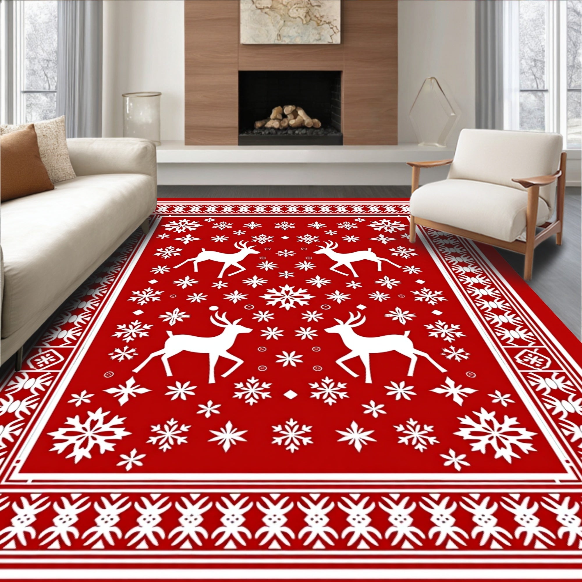 Festive Red White Deer Snowflake Accent Rug