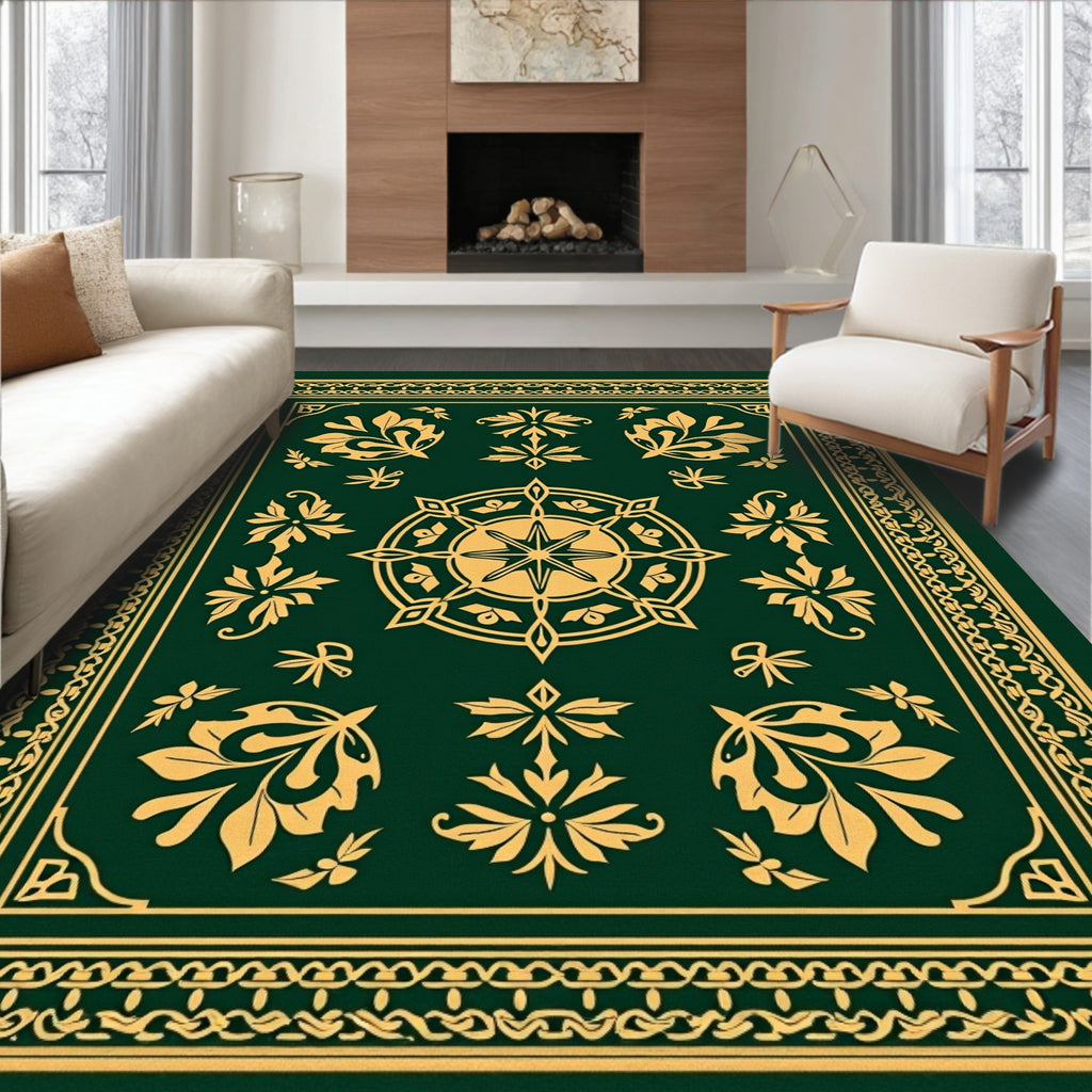 Emerald Gold Floral Medallion Border Rug