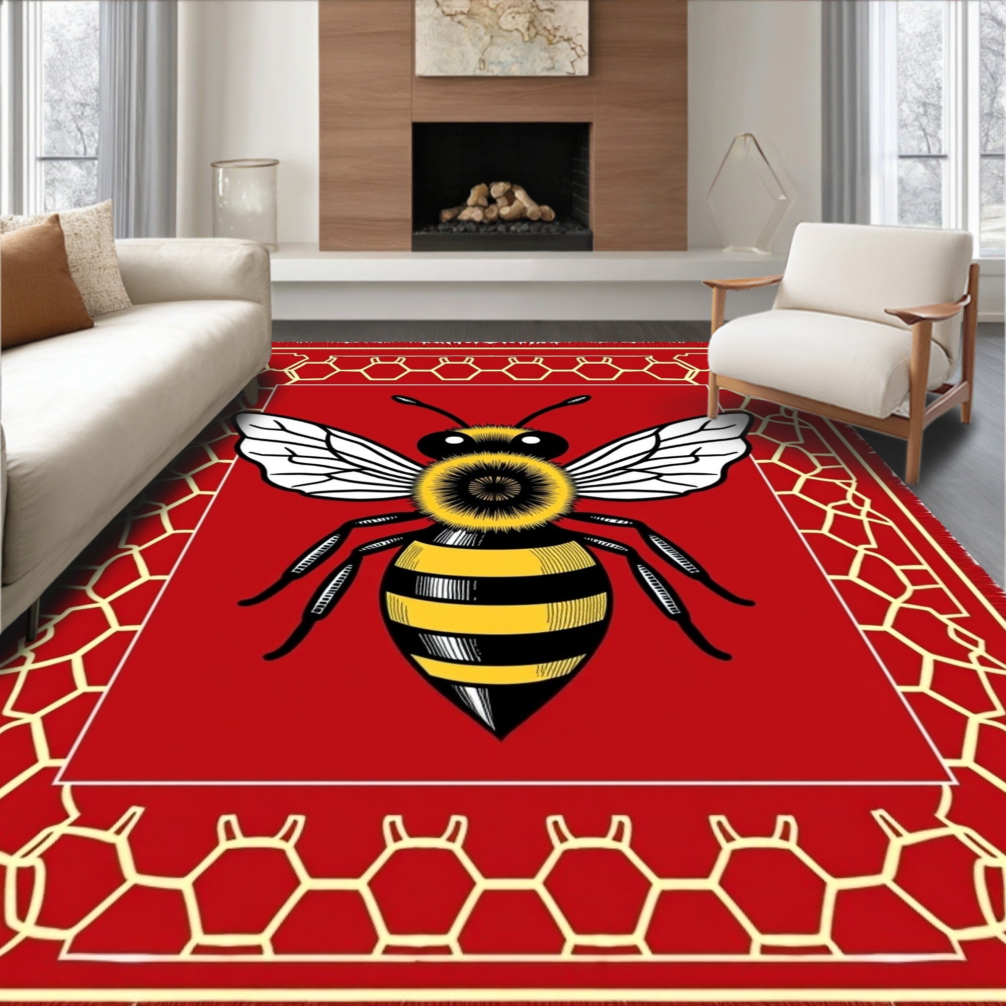 Bold Red Flying Bee Honeycomb Rug