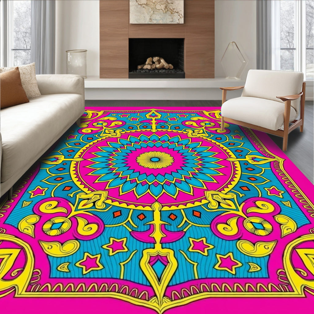 Vibrant Pink Teal Yellow Medallion Art Rug