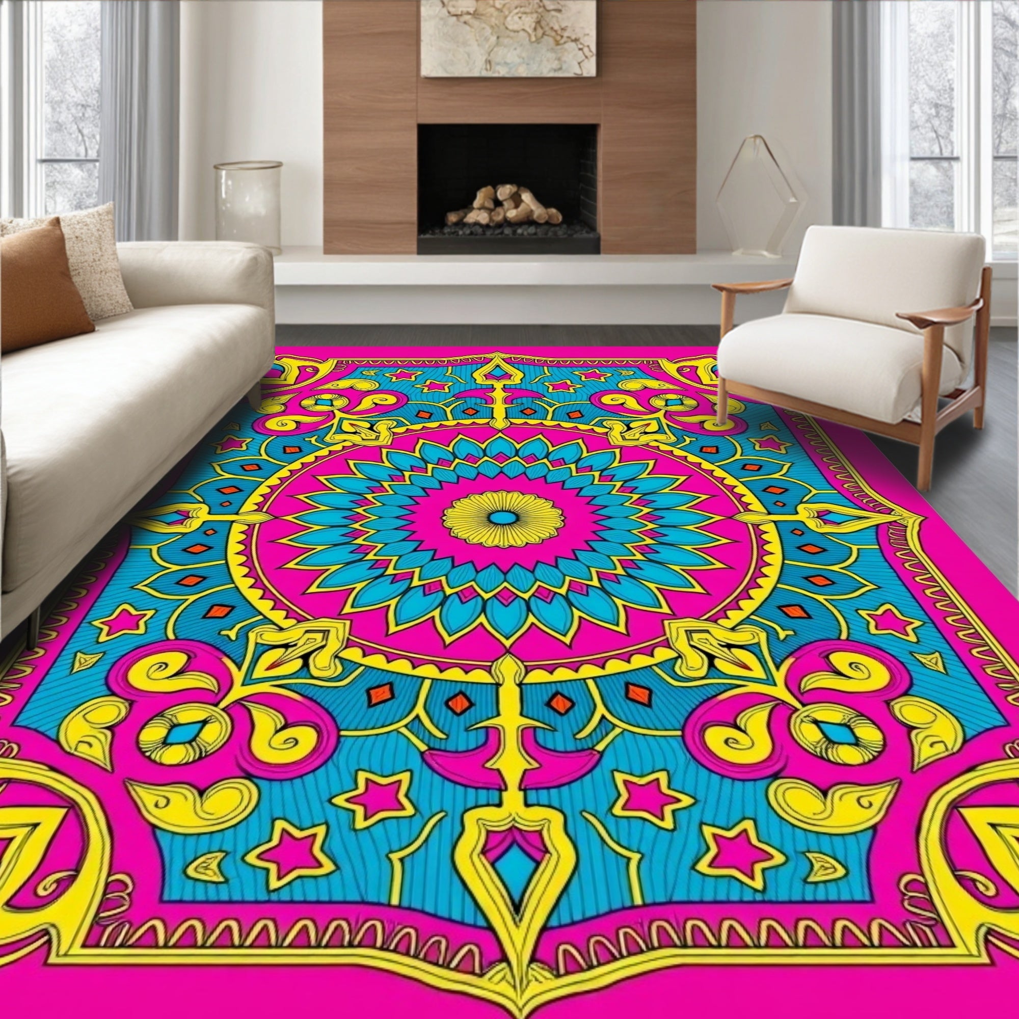 Vibrant Pink Teal Yellow Medallion Art Rug
