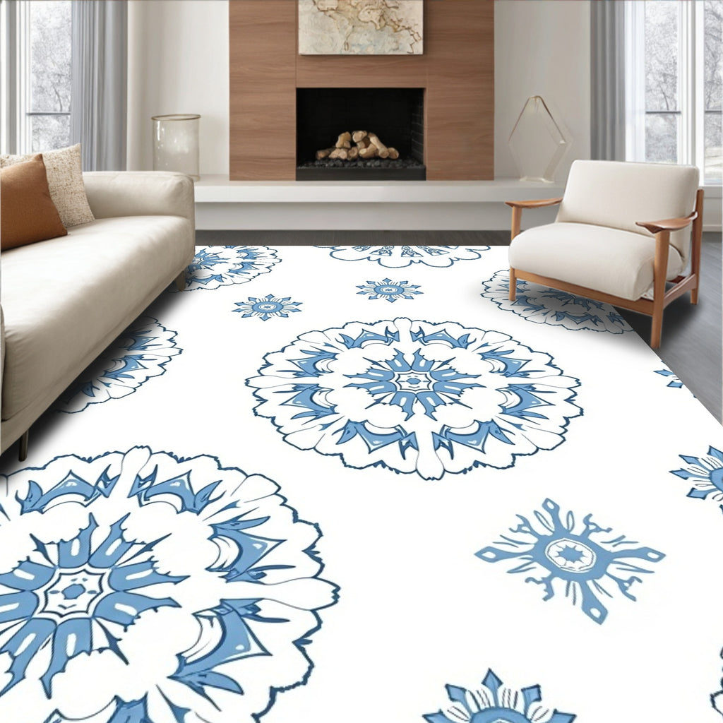White Blue Mandala Blooming Medallion Rug