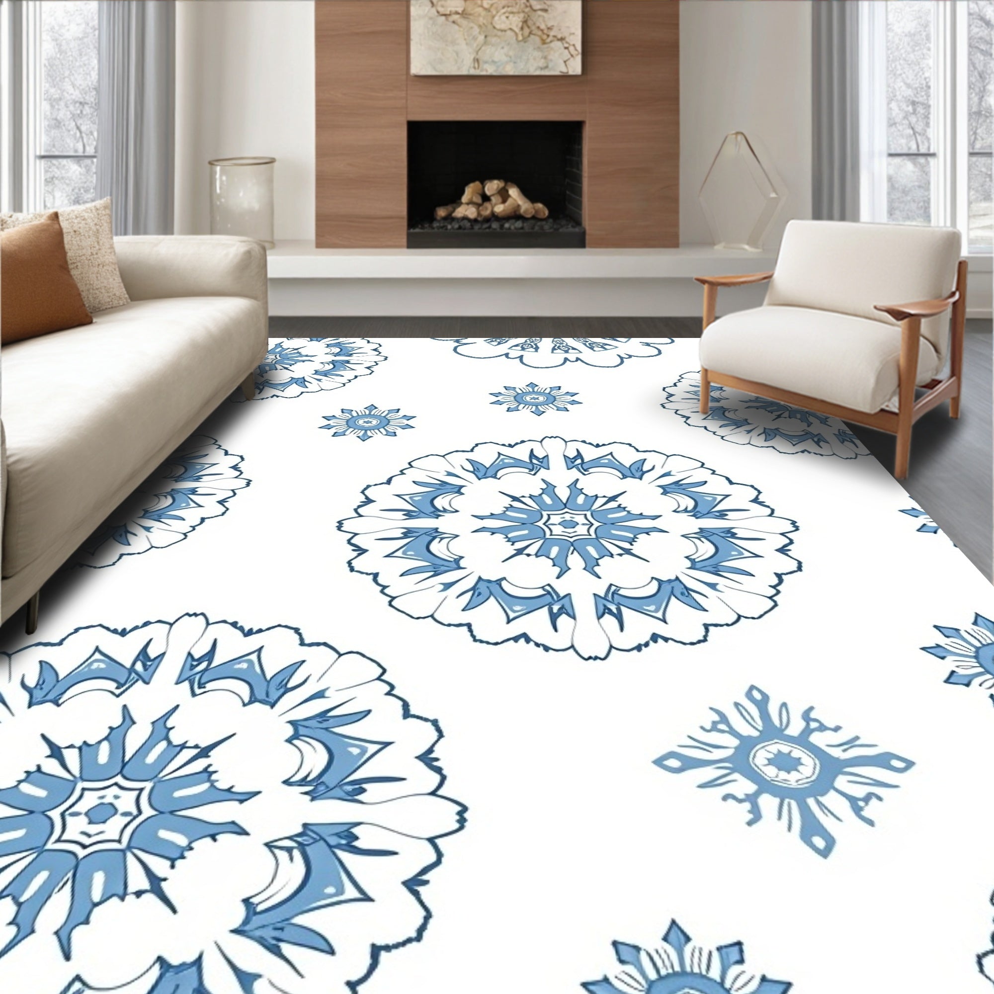 White Blue Mandala Blooming Medallion Rug