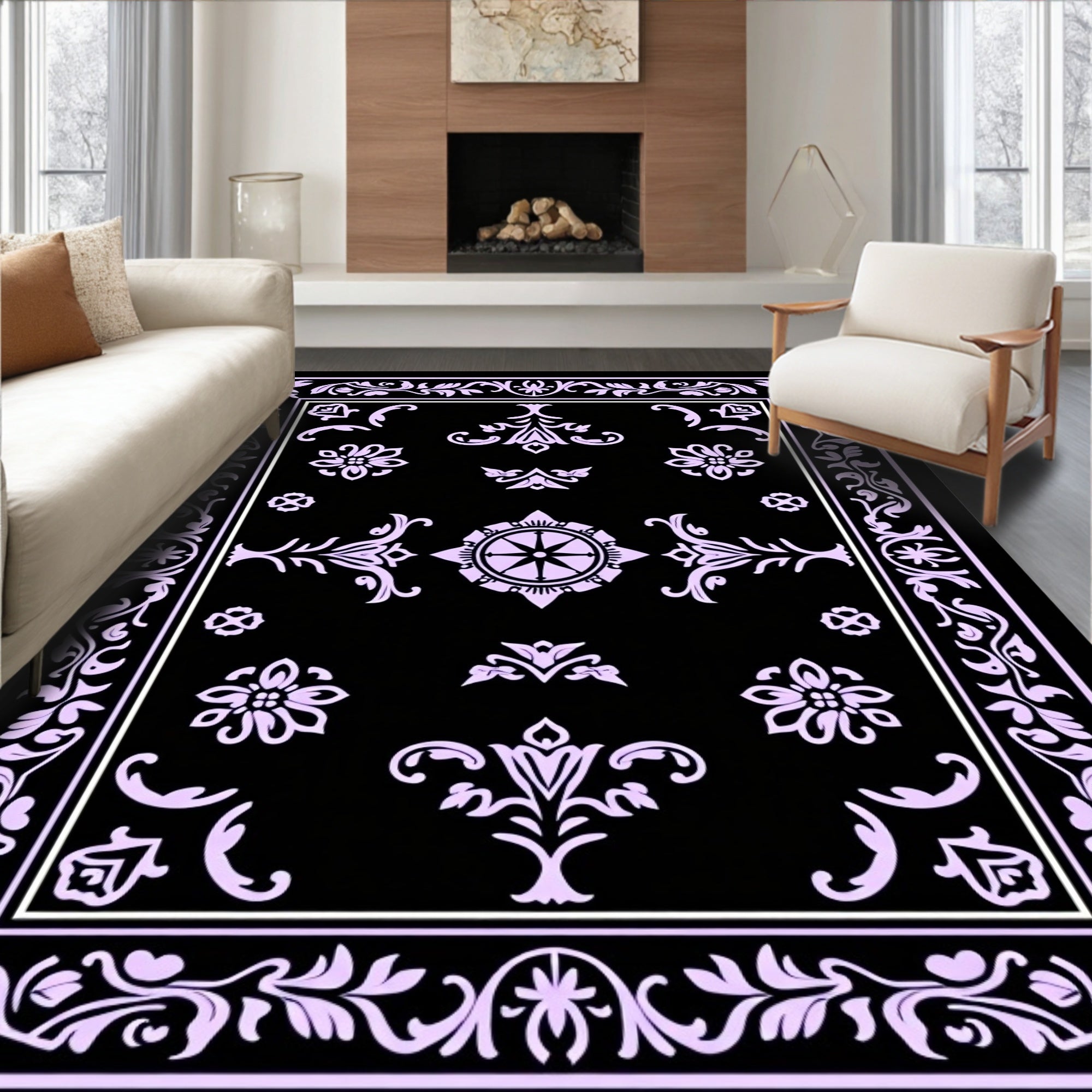 Lavendar Black Vintage Mandala Floral Rug