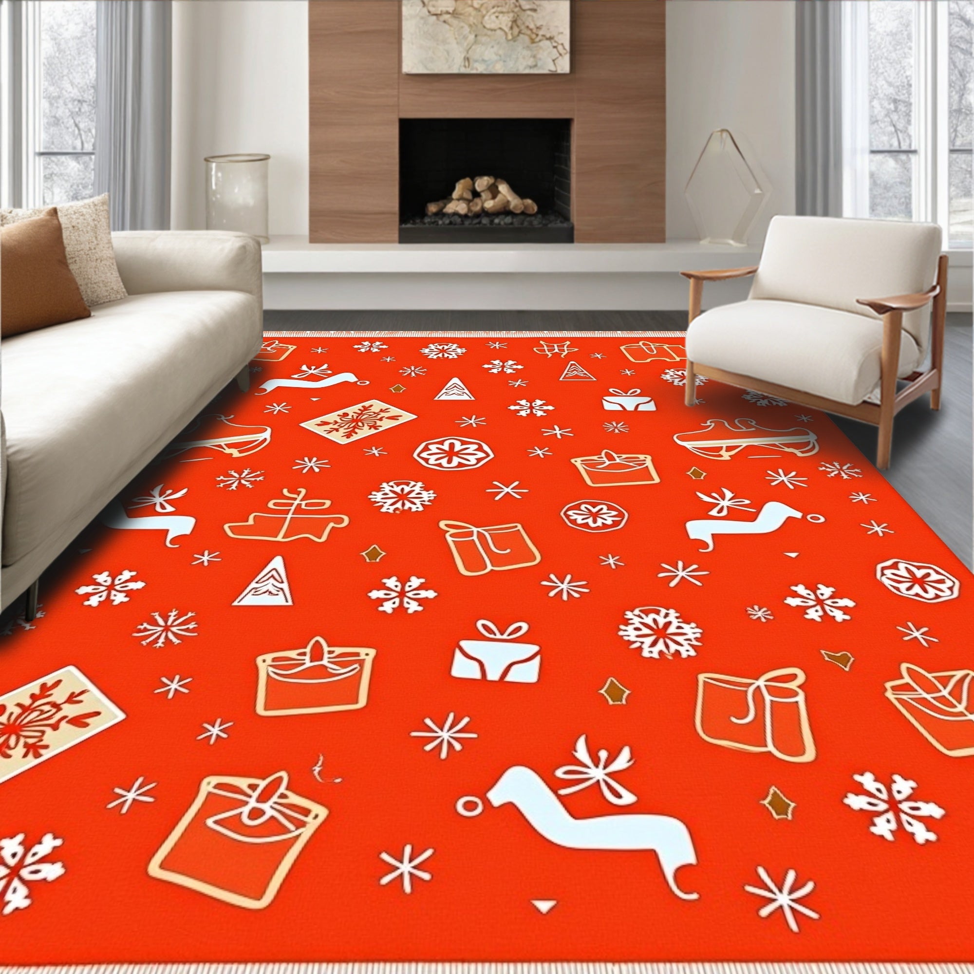 Orange Red Festive Christmas Icons Rug