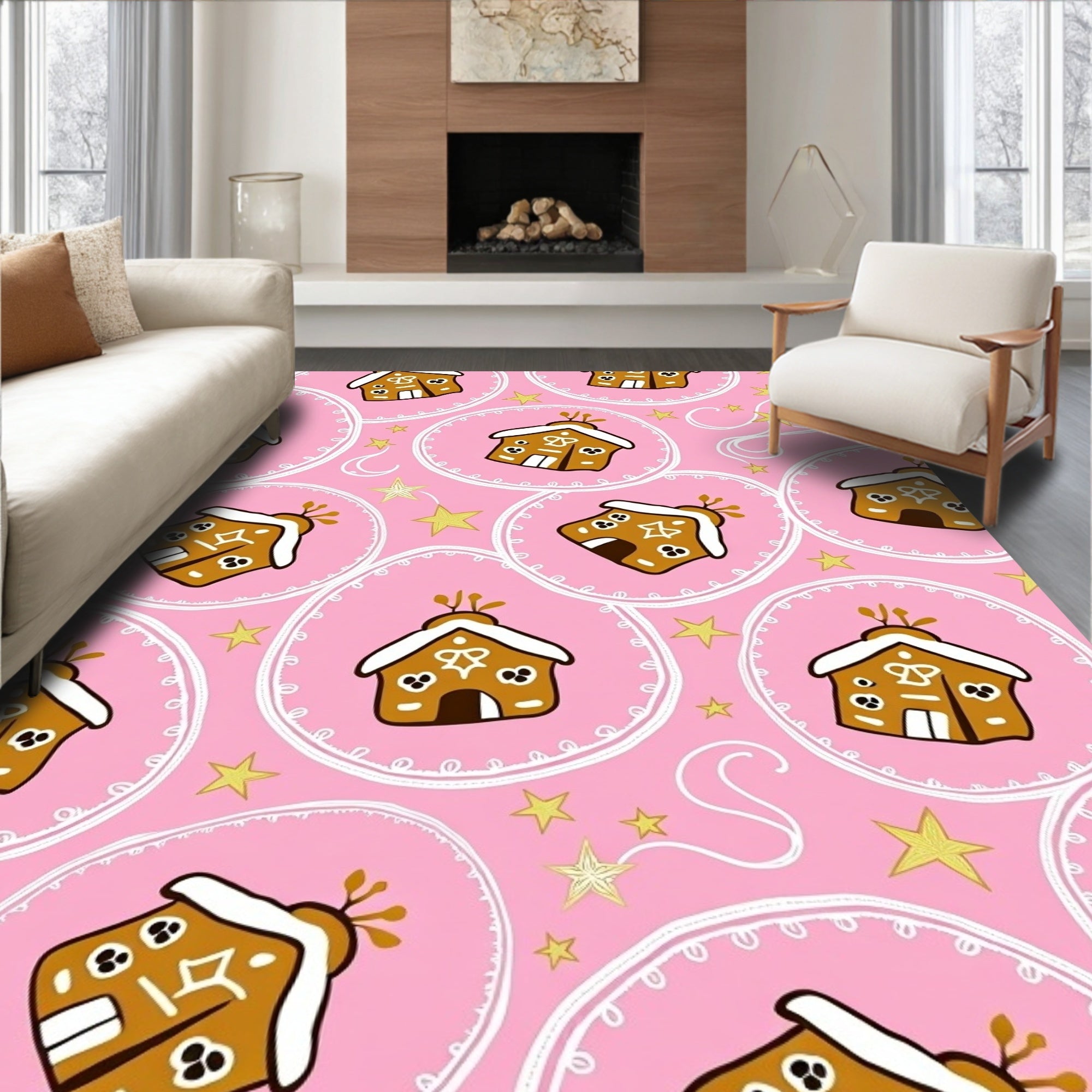 Whimsical Gingerbread Houses Pink Stars Rug