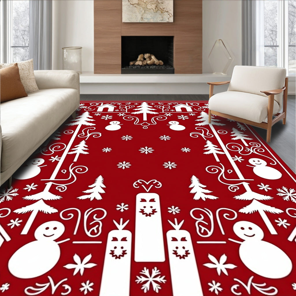 Christmas Red White Snowman Tree Border Rug