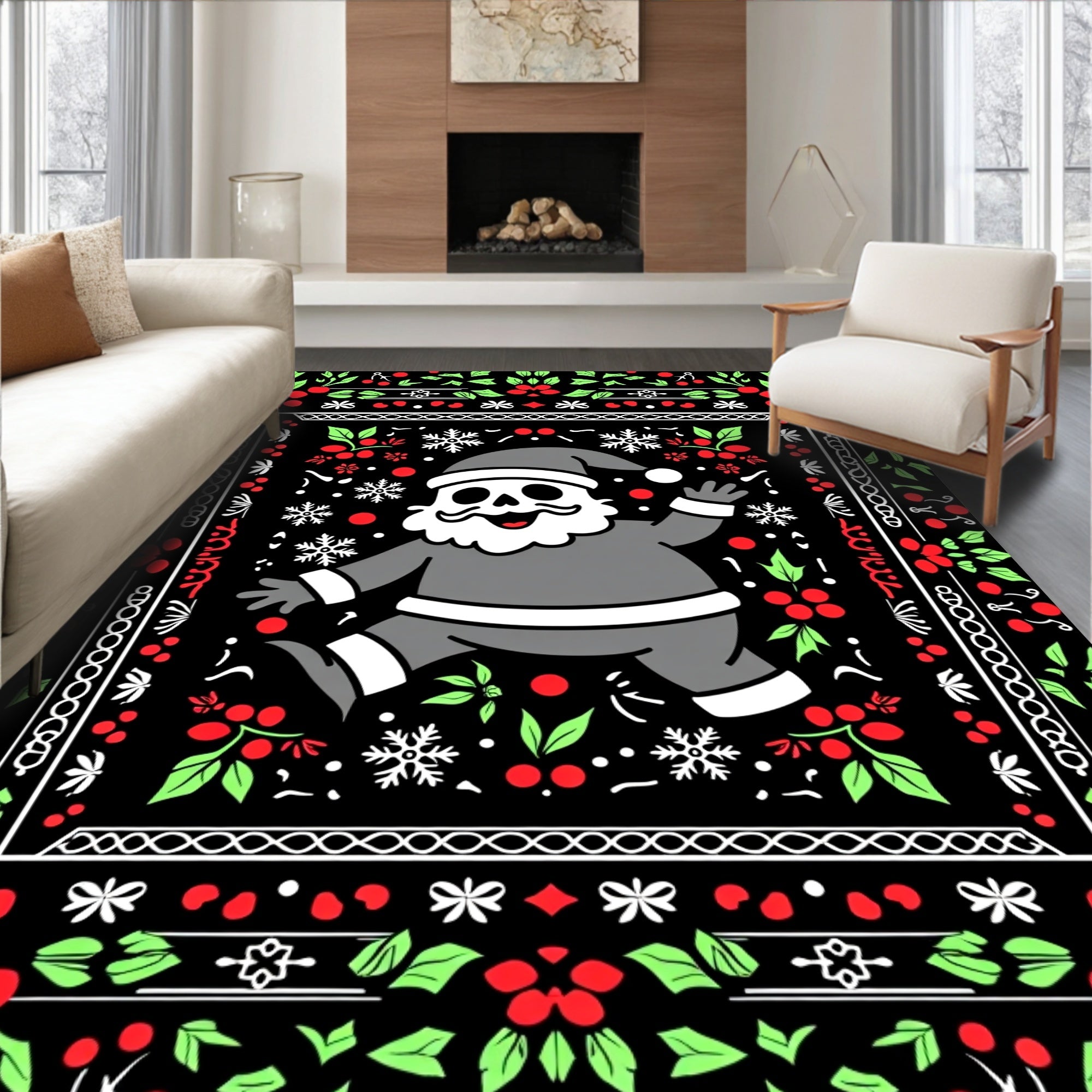 Skeleton Santa With Holly Snowflakes Rug