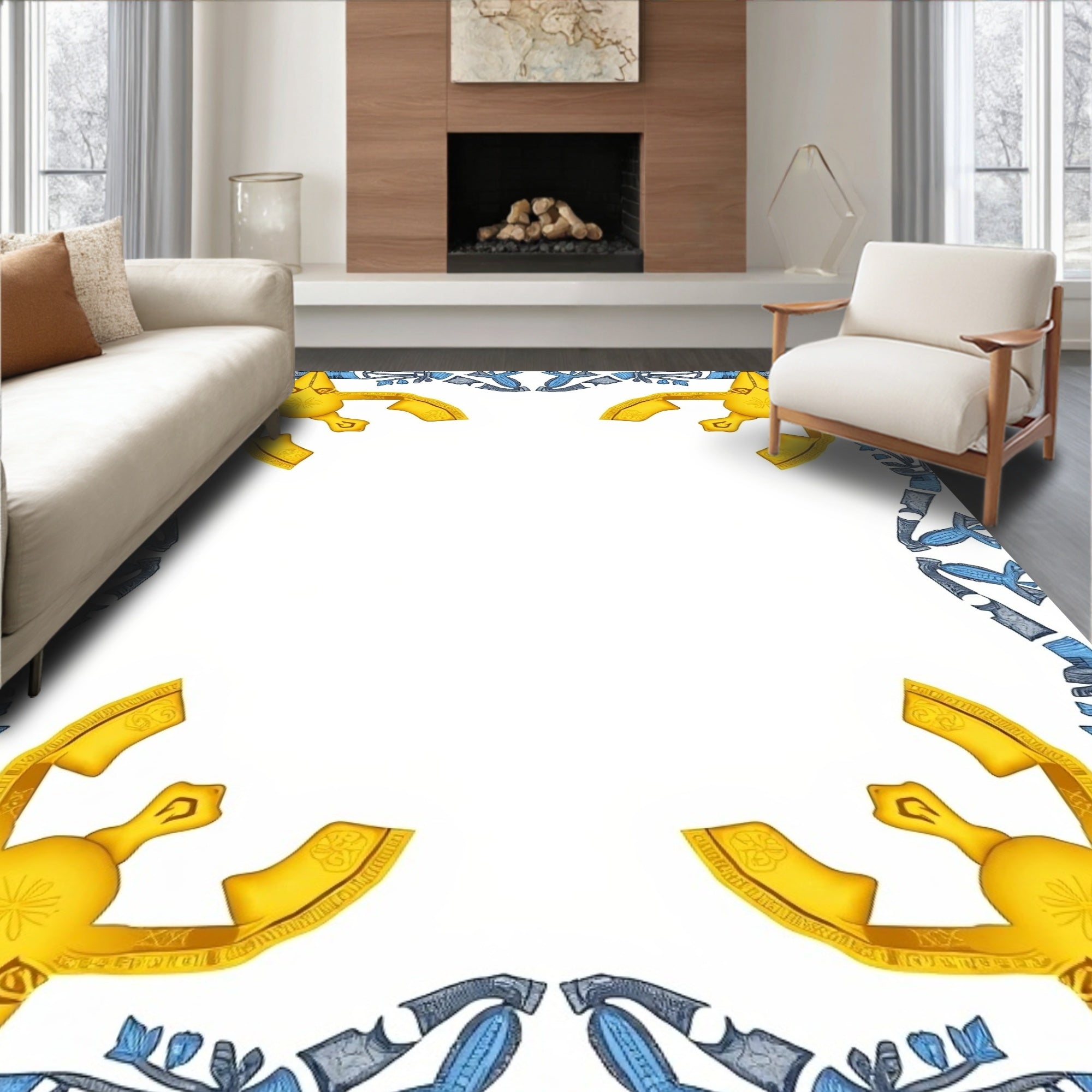 Golden Blue Celestial Star Border Rug