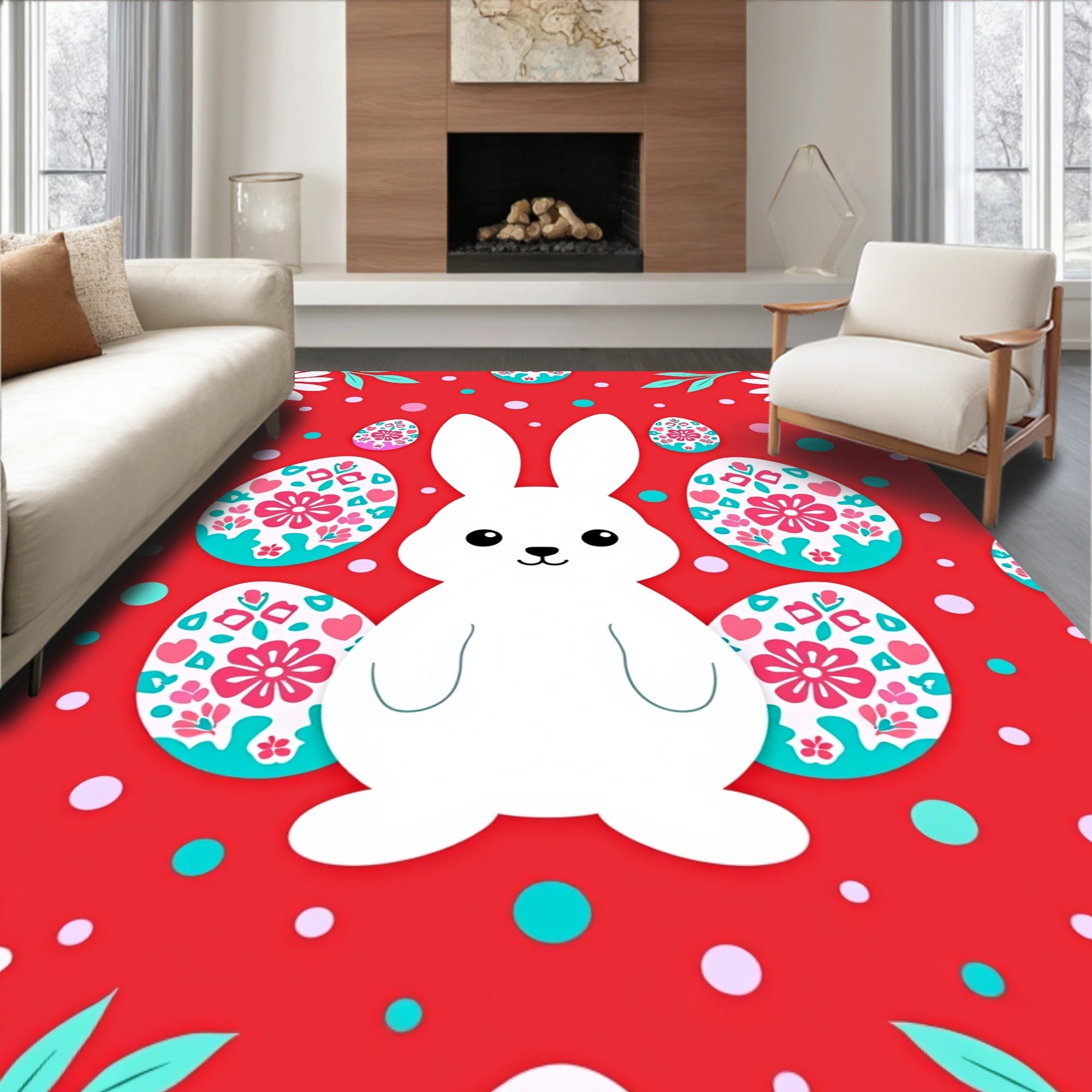 Cute White Bunny Easter Egg Meadow Rug