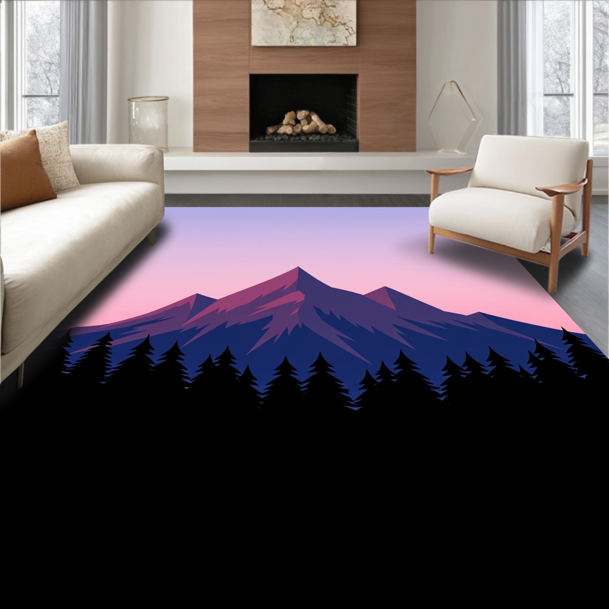 Vibrant Twilight Mountain Forest Silhouette Rug