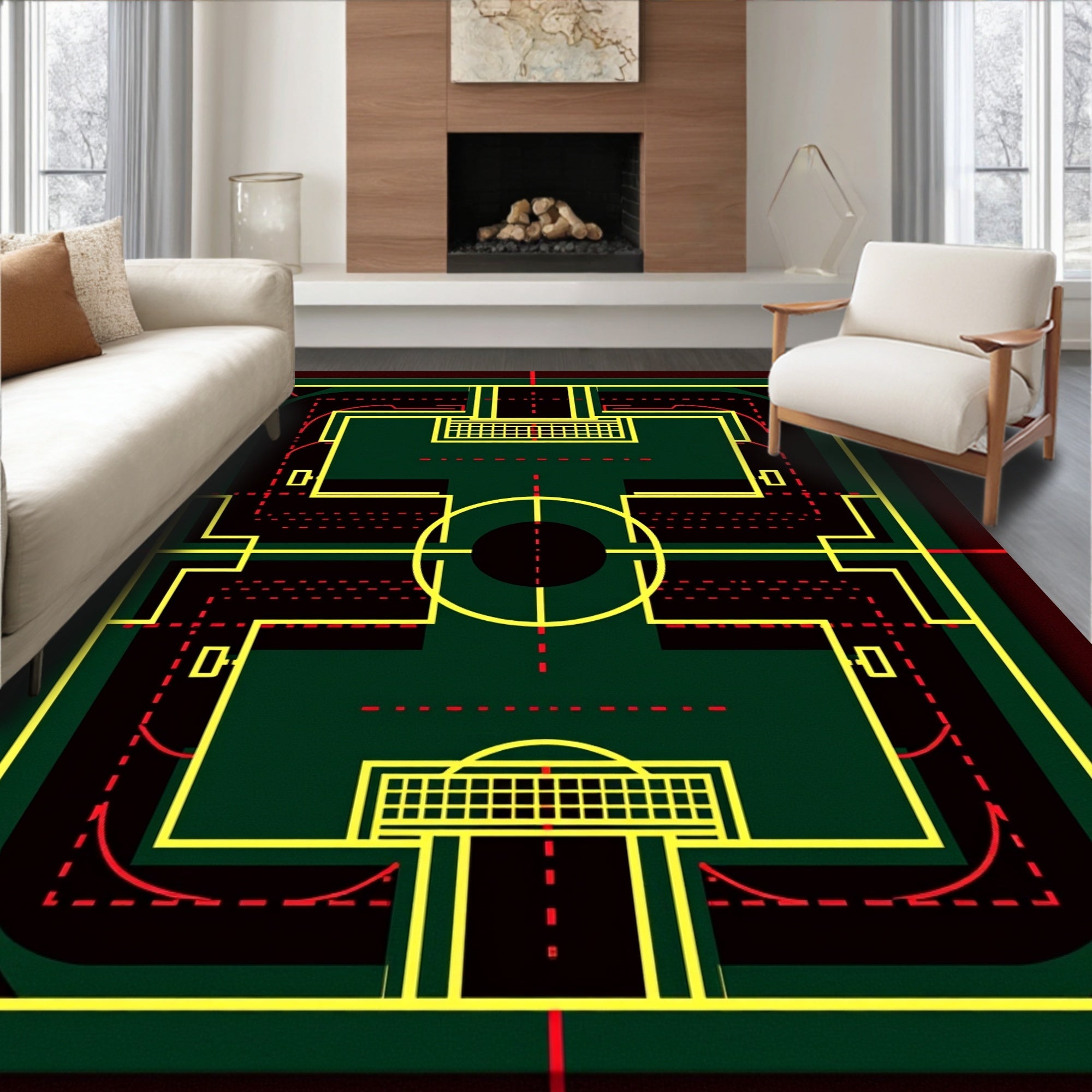 Green Yellow Red Geometric Blueprint Rugby Rug