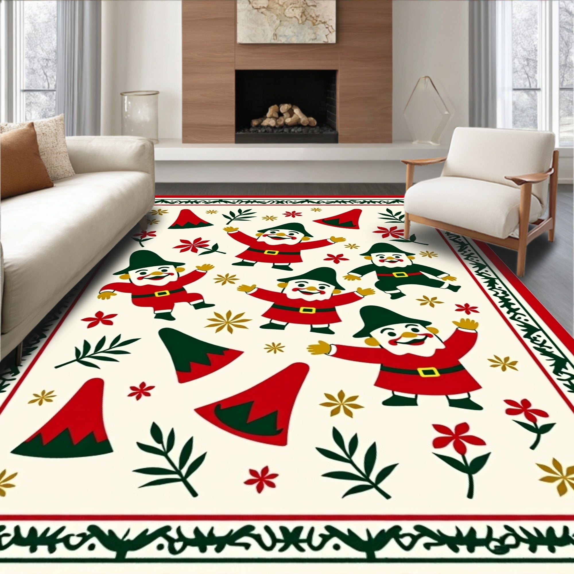 Cheerful Gnomes Red And Green Festive Rug