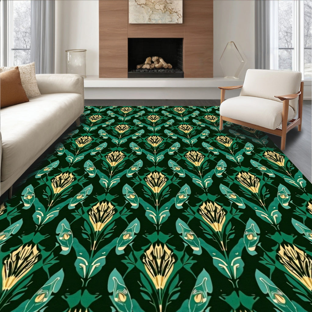 Emerald Green Floral Petal Arrangement Rug